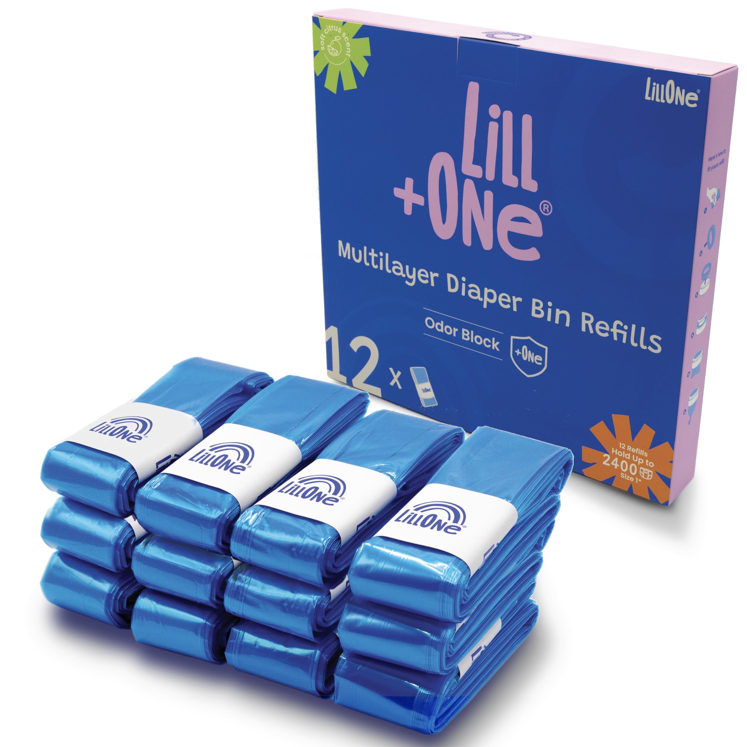 LillOne 12 Extra Long 7 Ply Nappy Bin Refill Sheets Compatible with Maialino Foppapedretti Angelcare Tommee Tippee Twist & Click Simplee Tec LitterLocker Pack of 12 Refill Cassettes