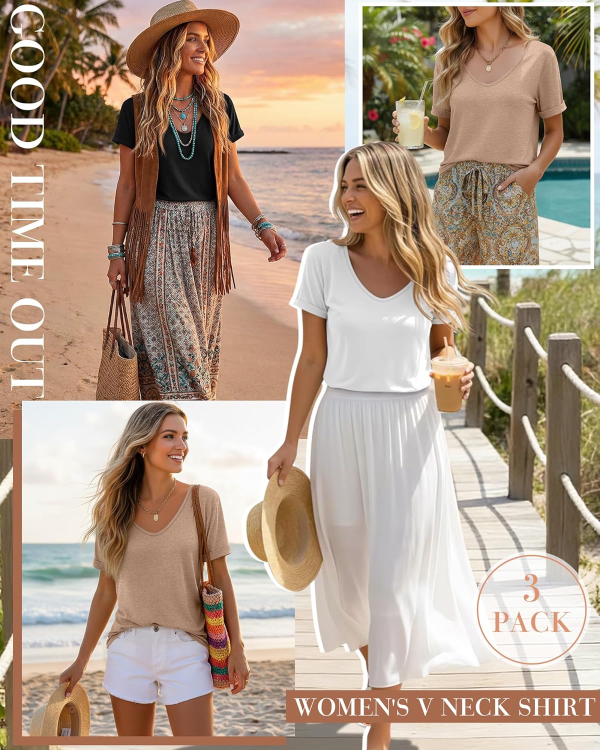 Riyiper 3 Pack Women's V Neck Shirt, Summer Rolled Sleeve Solid Tops Casual Loose Tees Lightweight Basic Soft Tshirt - Image 4