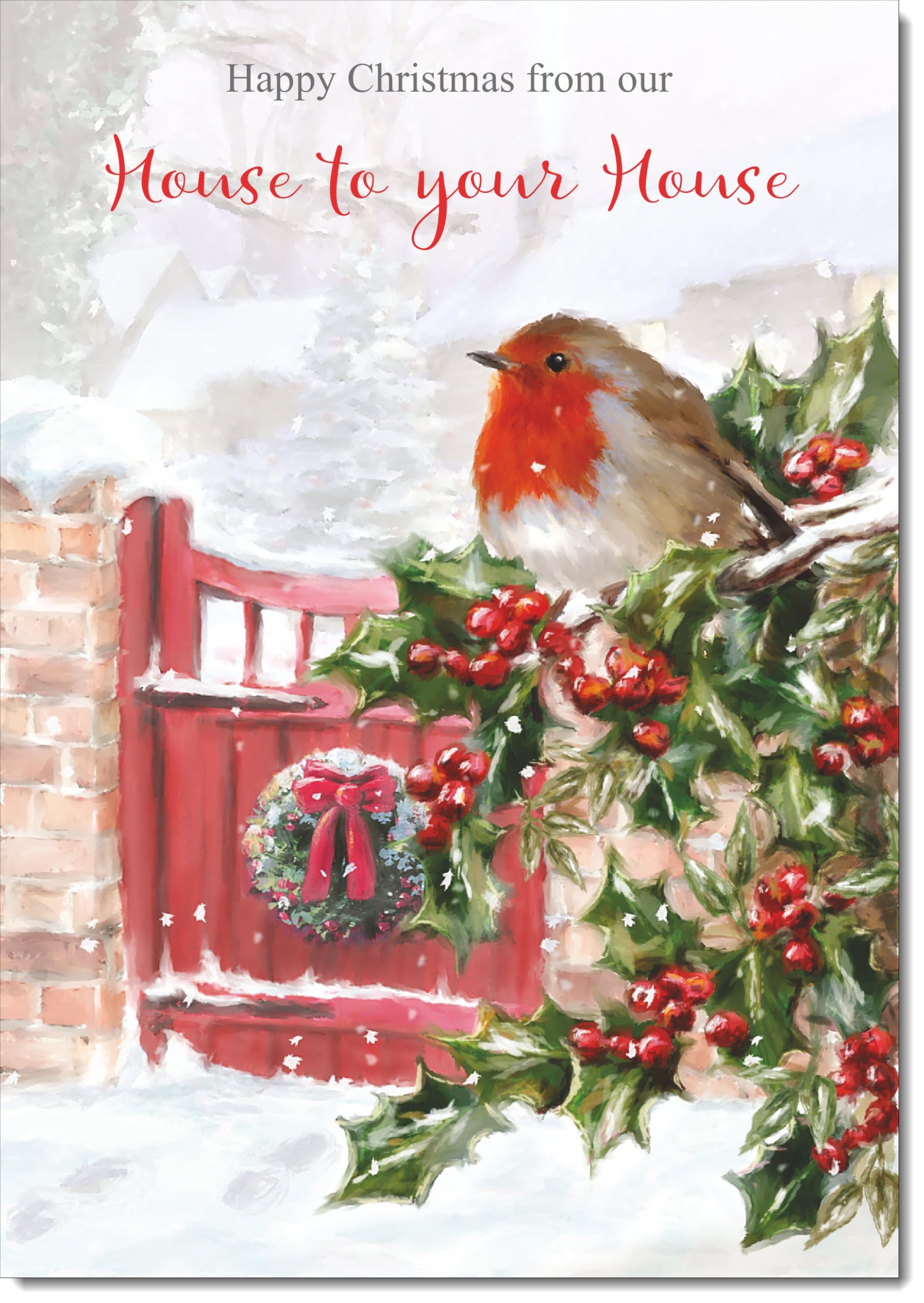 doodlecards House To House Christmas Card Robin on Holly Tree Large A4 Size Christmas Card for House To House with Plain Envelope