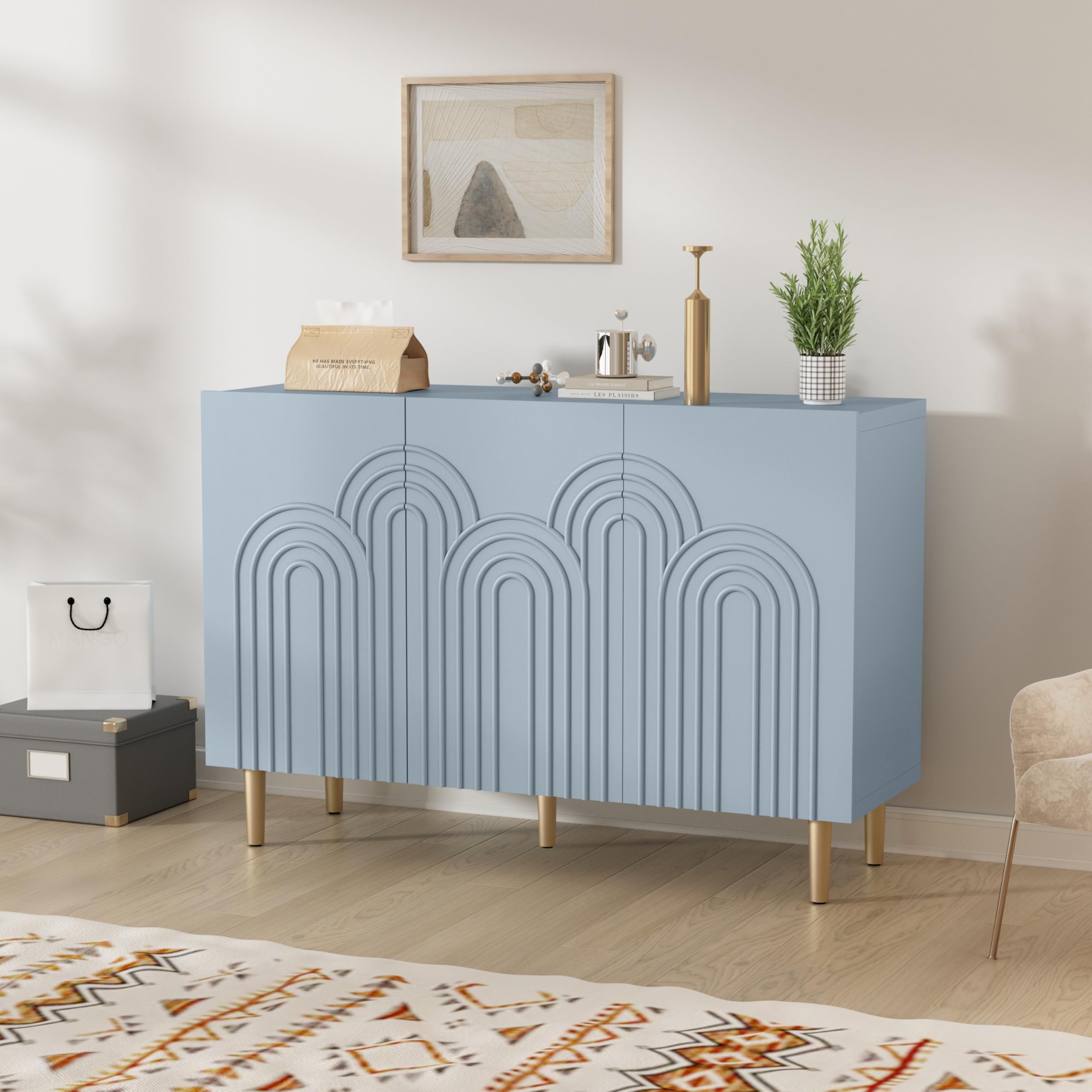 ARTPOWER 47" Accent Cabinet with Cloud Relief, Sideboard Buffet Cabinet with 3 Doors, Modern Decorative Credenza with Storage for Living Room, Kitchen, Dining Room, Hallway, Entryway, Blue