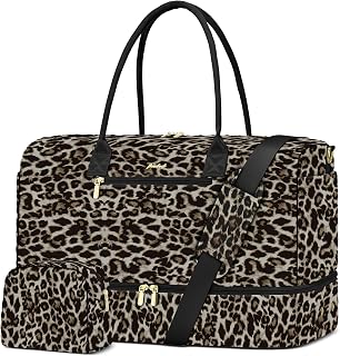 Travel Weekender Bags for Women: Duffle Bag with Shoe Compartment Carry On Overnight Bags with Toiletry Bag Duffel Bags with Wet Pocket for Gym Hospital Bags for Labor and Delivery Brown Leopard Print