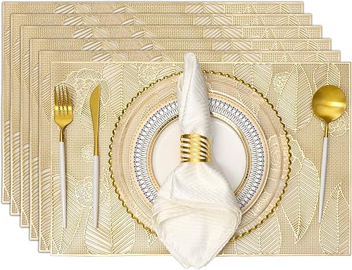 Miniatura 10 de Juego de 6 manteles individuales dorados, manteles individuales rectangulares lavables en masa de vinilo prensado para decoración de centro de mesa