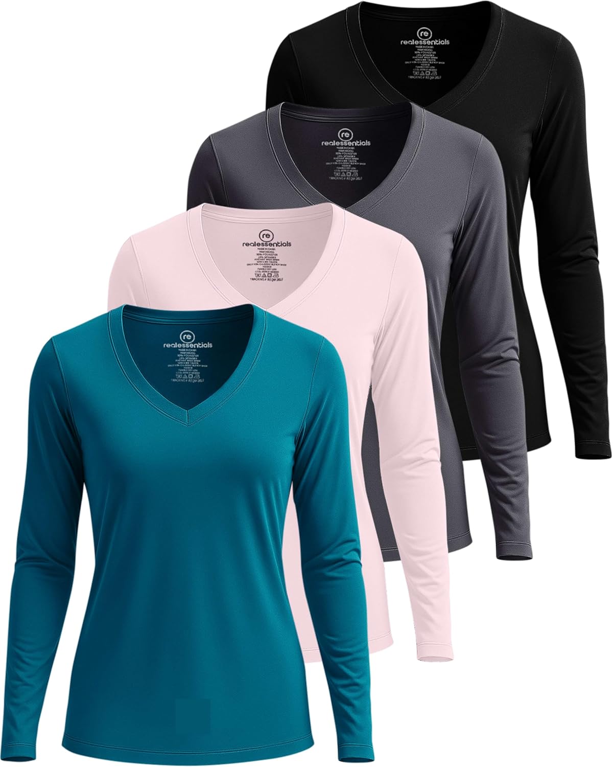 Real Essentials 4 Pack: Women's Long Sleeve Dry Fit V-Neck Athletic T-Shirt Workout Tops Active Gym Shirt (Plus Standard Medium Set 6