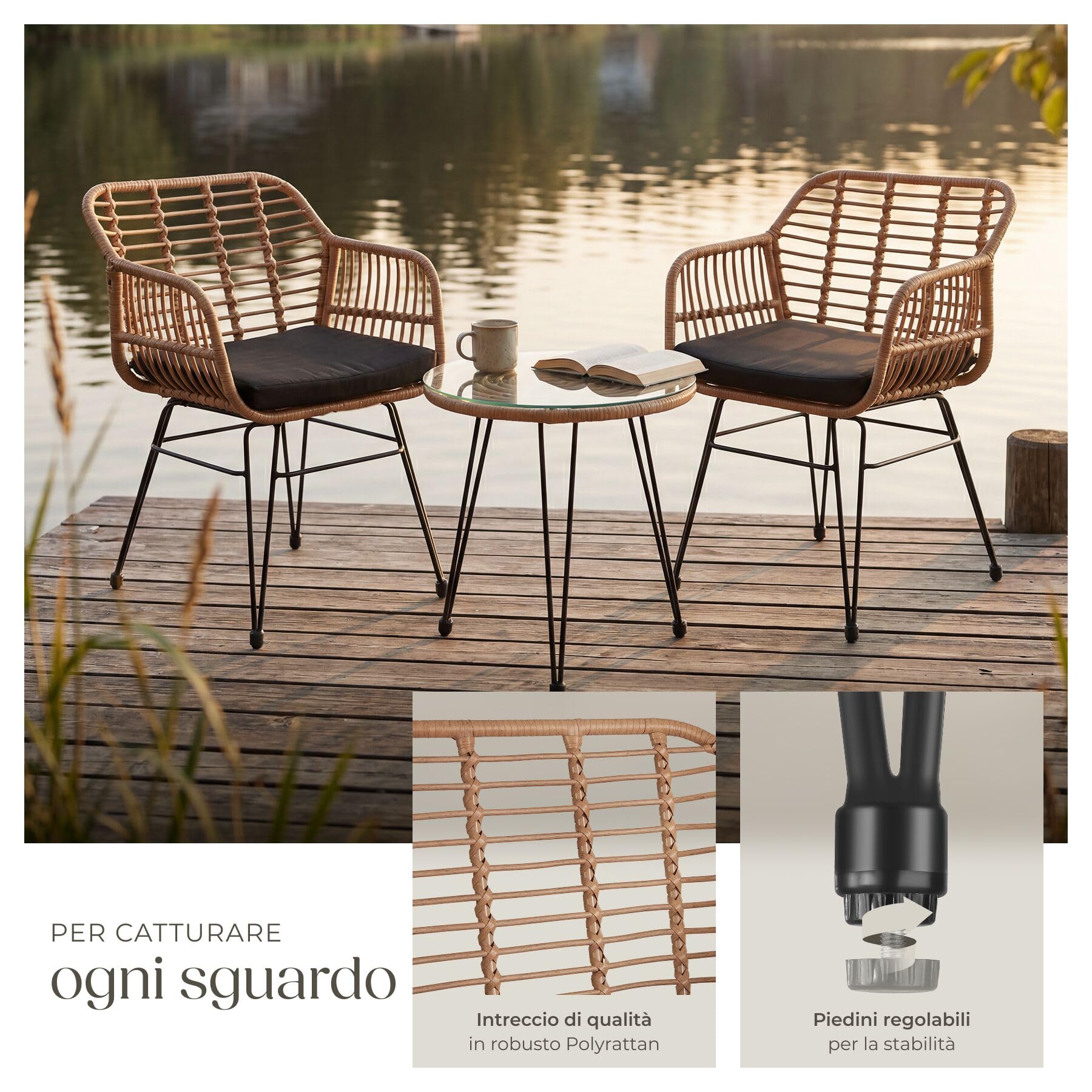 tectake Salottino in Rattan Set da Balcone 3 Pezzi 2 Sedie 120 kg Tavolo Vetro Sicuro Resistente Intemperie Terrazza Giardino Piedini Regolabili