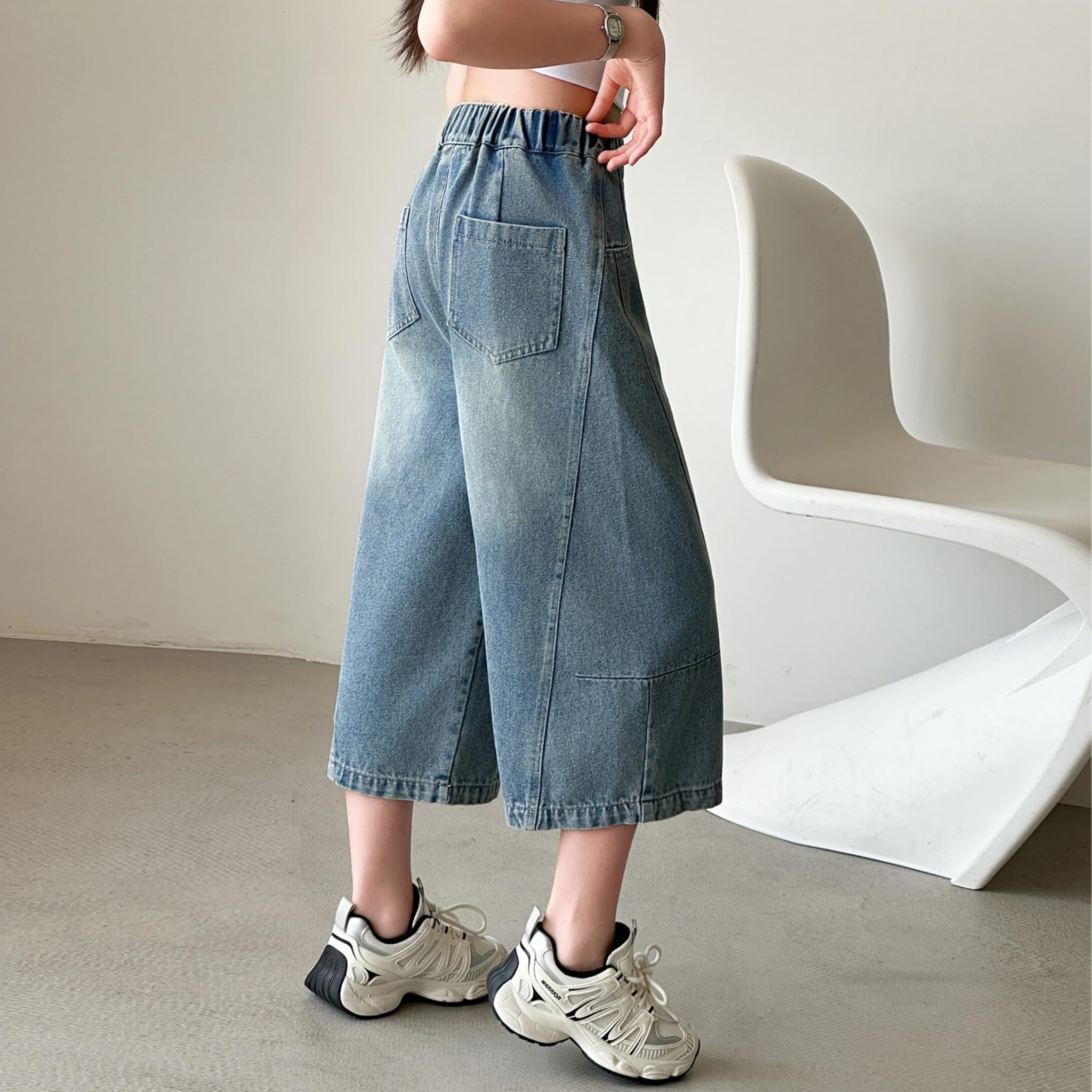 Rolanko Vaqueros Cropped para Niña, Pantalones Capri Holgados con Cintura Elástica