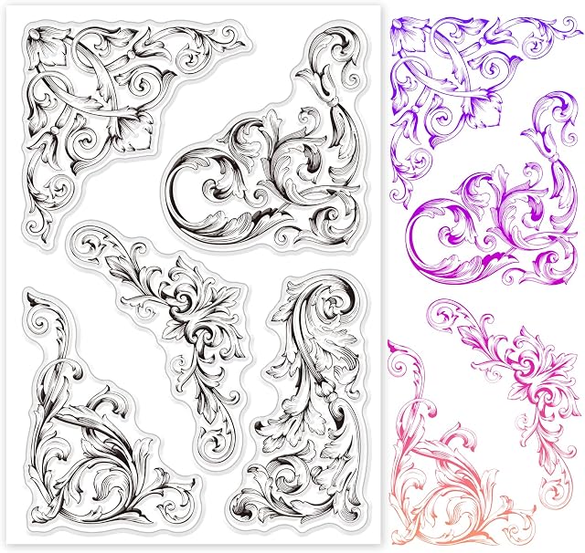 GLOBLELAND Vintage Baroque Floral Corner Clear Stamps Curled Leaves Silicone Clear Stamp Seals for Cards Making DIY Scrapbooking Photo Journal Album Decor Craft