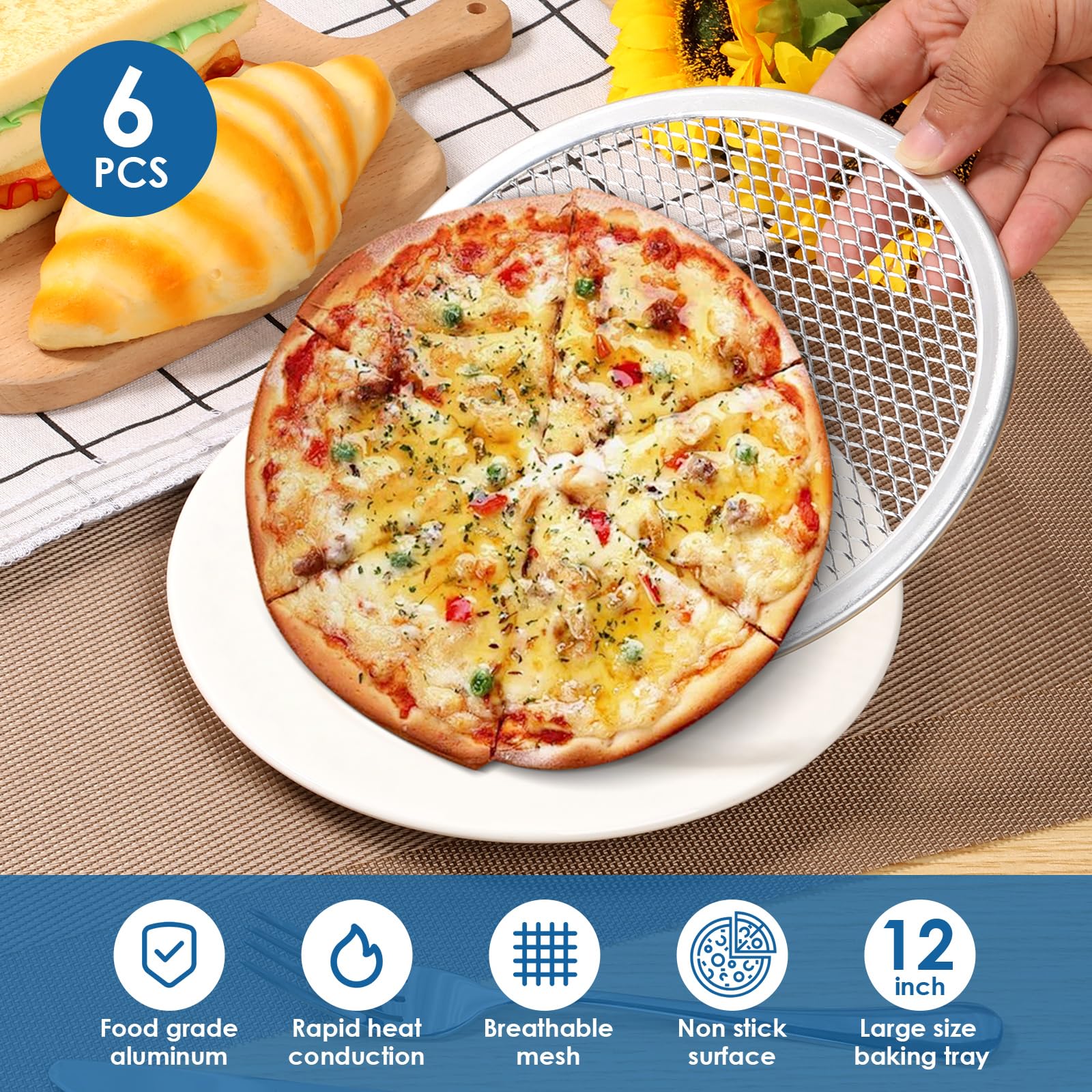 6 griglie per pizza, per pizza, forate, antiaderente, per pizza, 12 pollici, rotonde, con rivestimento antiaderente, resistente alla temperatura, riutilizzabili