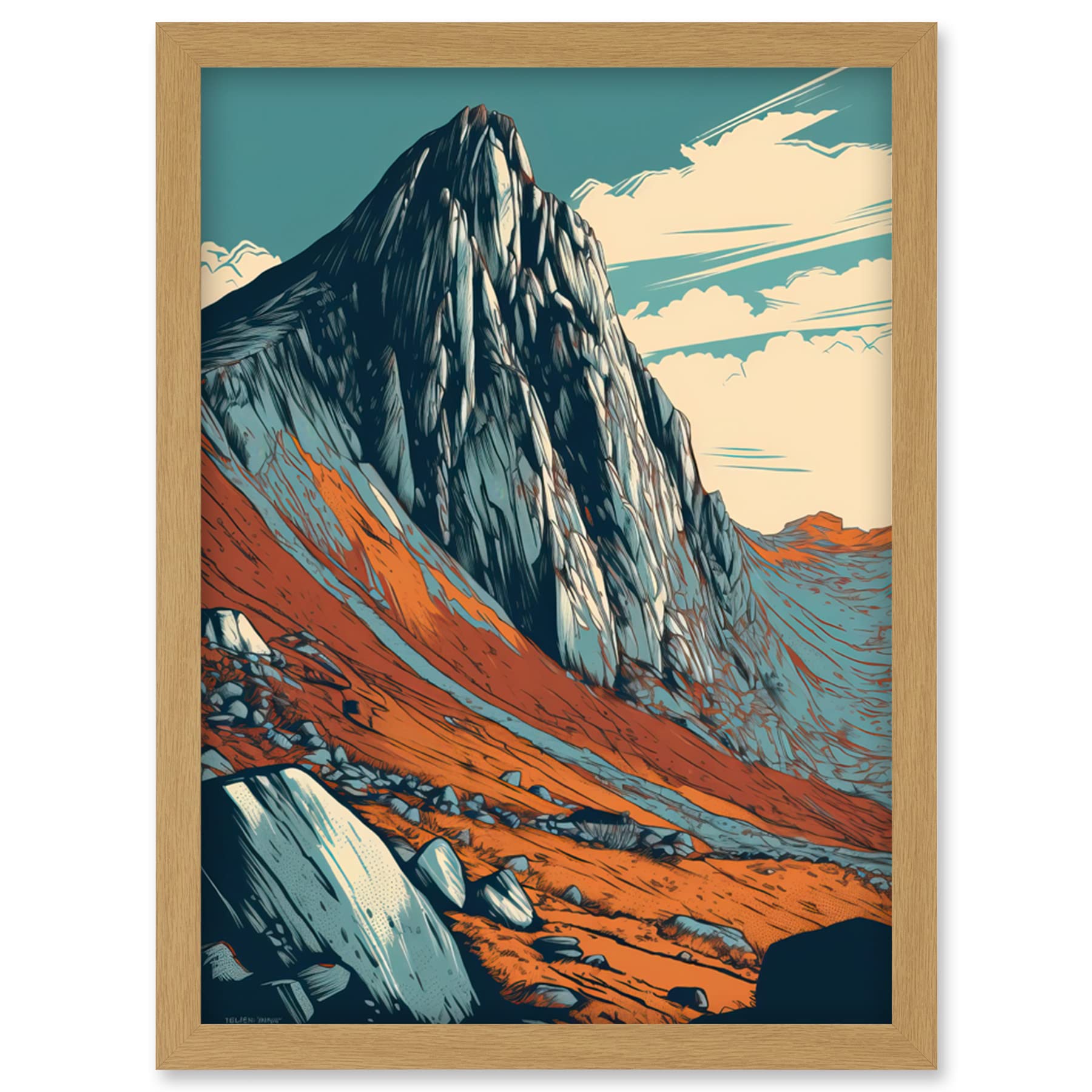 Artery8 Tryfan Mountain Peak Landscape Teal Brown Linocut Artwork Framed Wall Art Print A4