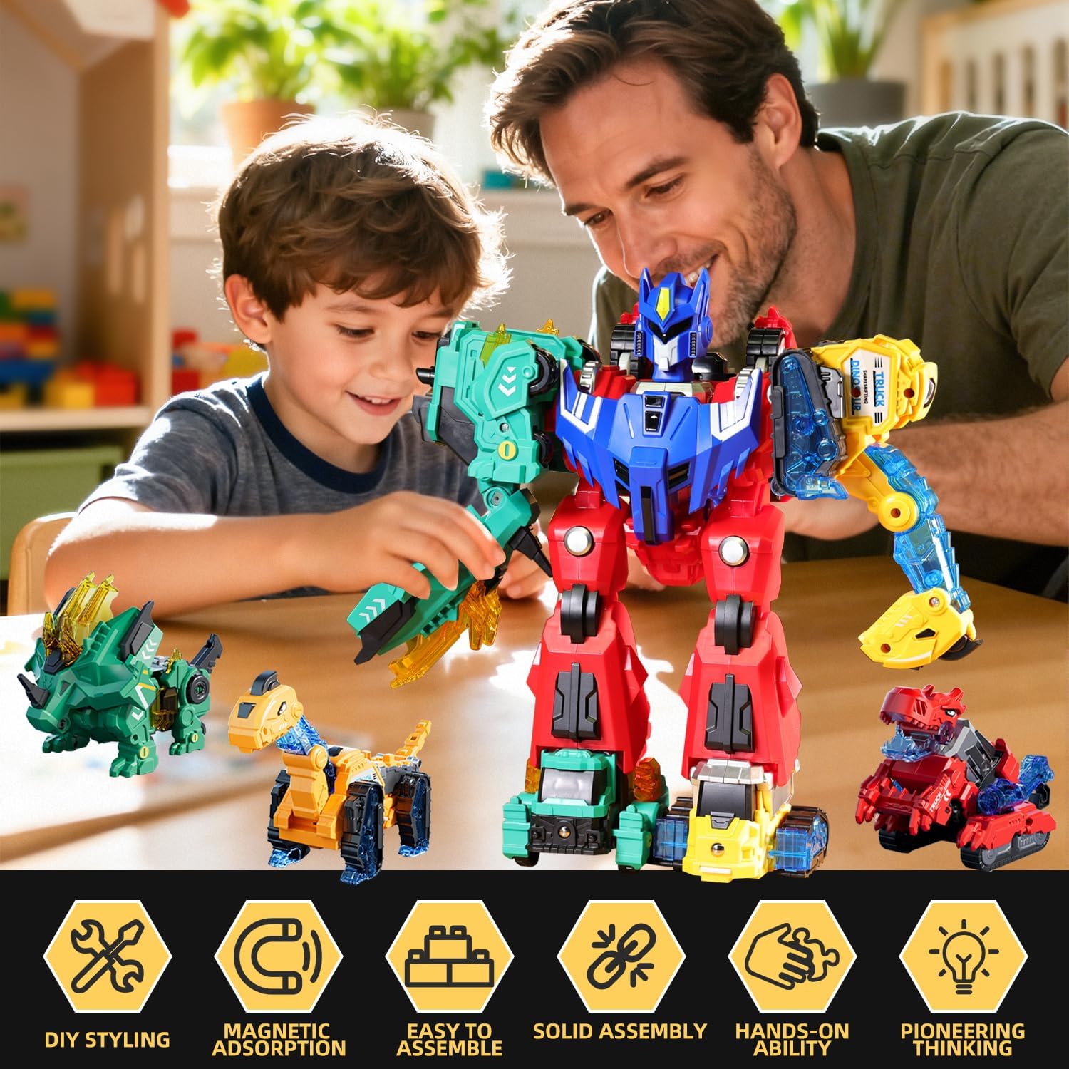 VEAIS Magnetic Transform Dinosaur Robot Toys,6 in 1 Transforming Robots Toy for Kids,Easy DIY Assembly Function,Toddler Robot Construction Vehicles Set,Educational STEM Toys for 3 4 5 6 Year Old Boys