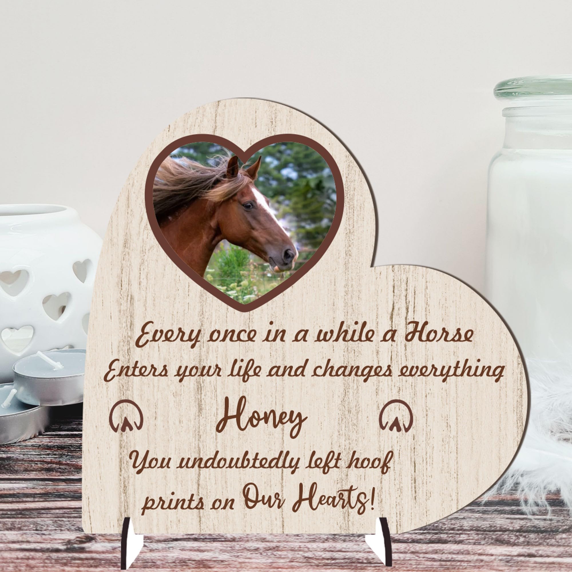 Personalised Horse Memorial Plaque – 'Hoof Prints in Our Hearts' – Available in MDF or Acrylic, Sizes Small to Large (Mdf Wood 13.5cm x 13.5cm, Beige)