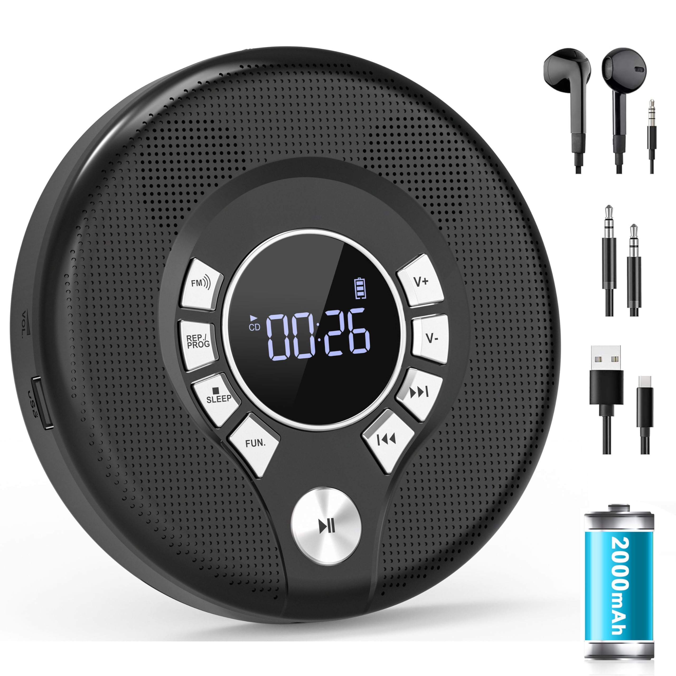Greadio Discman CD Player Tragbar, Tragbarer CD Player mit 2000mAh Wiederaufladbarer und Anti-Skip/Stoßfest, Kompatibler FM-Sender, USB, AUX-Ausgang, Kopfhörer, Doppellautsprecher