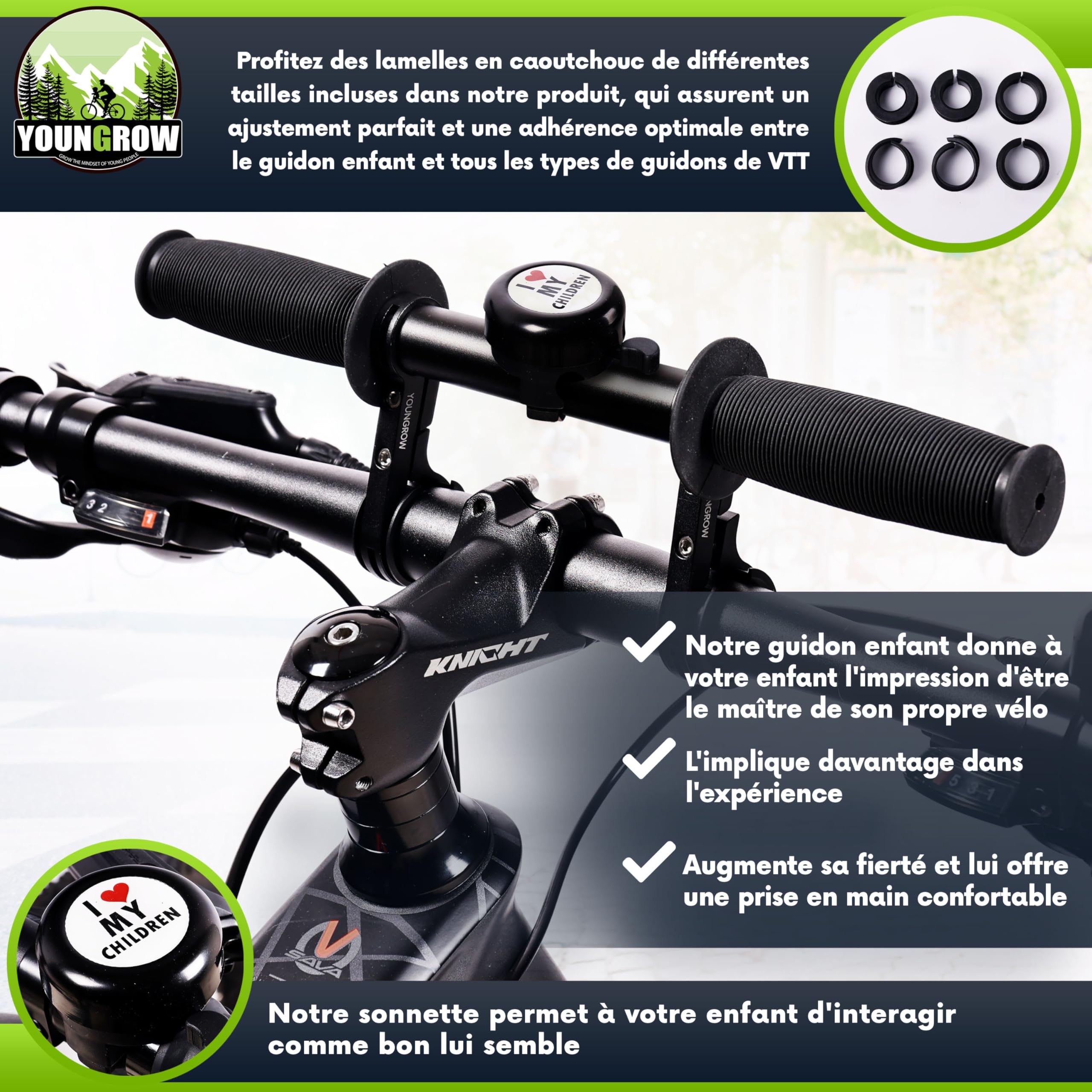 YOUNGROW | Siege Velo Enfant Avant | La Selle Velo Enfant est Compatible avec Les VTT, pour Les Enfants de 2 à 6 Ans pour Un Poids Maximal de 24kg - Siege Enfant Velo Confortable