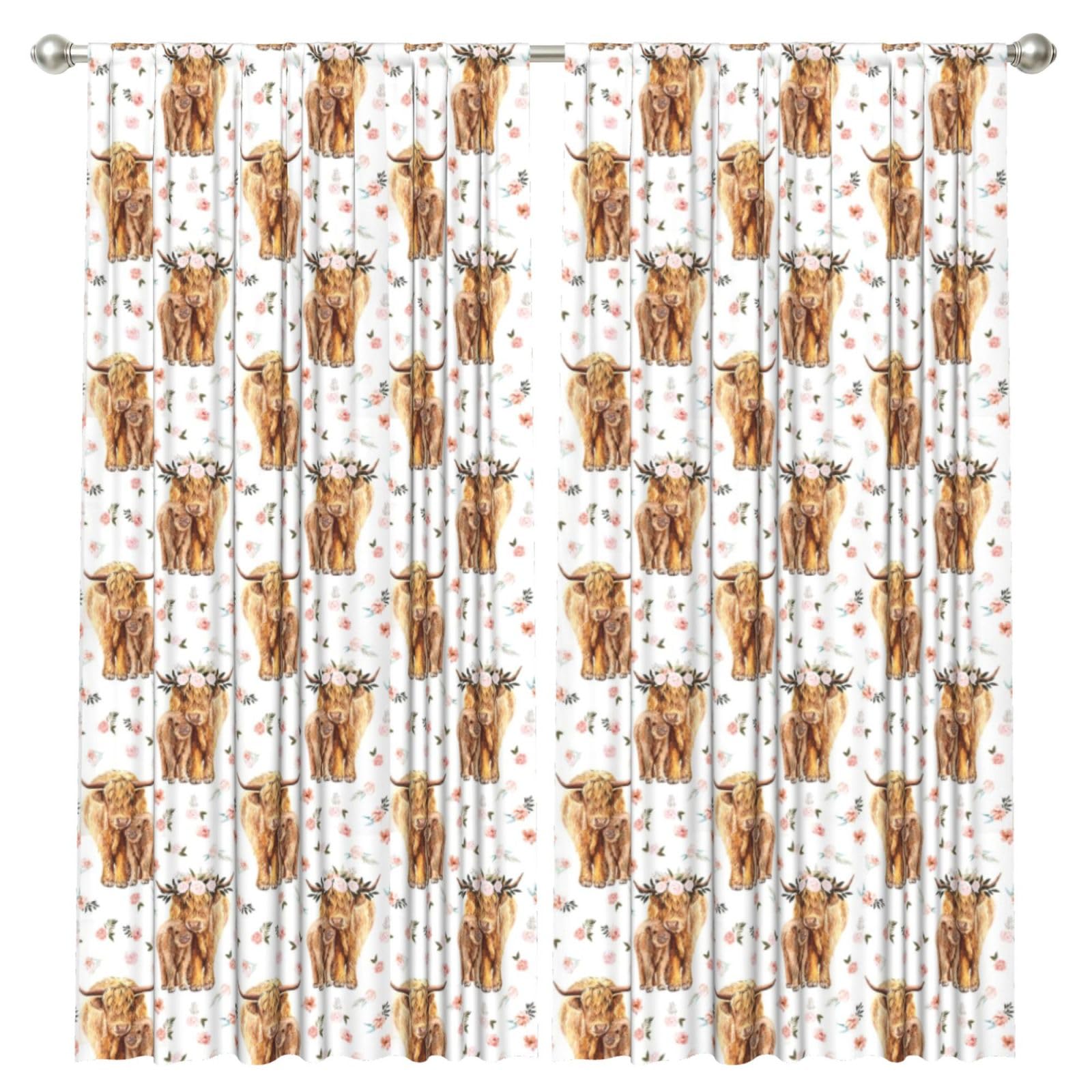 InOmak Spring Pink Floral Scottish Highland Cow, 2 Panels Window Curtains 52 x 84 Inch Blackout Curtains for Living Room Bedroom