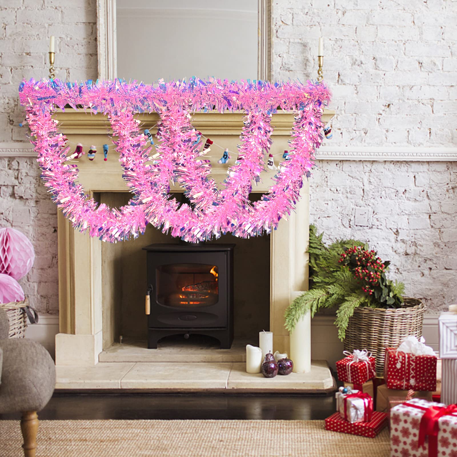 Snapklik.com : 33FT Pink Christmas Tinsel Garland Metallic Tinsel Twist ...