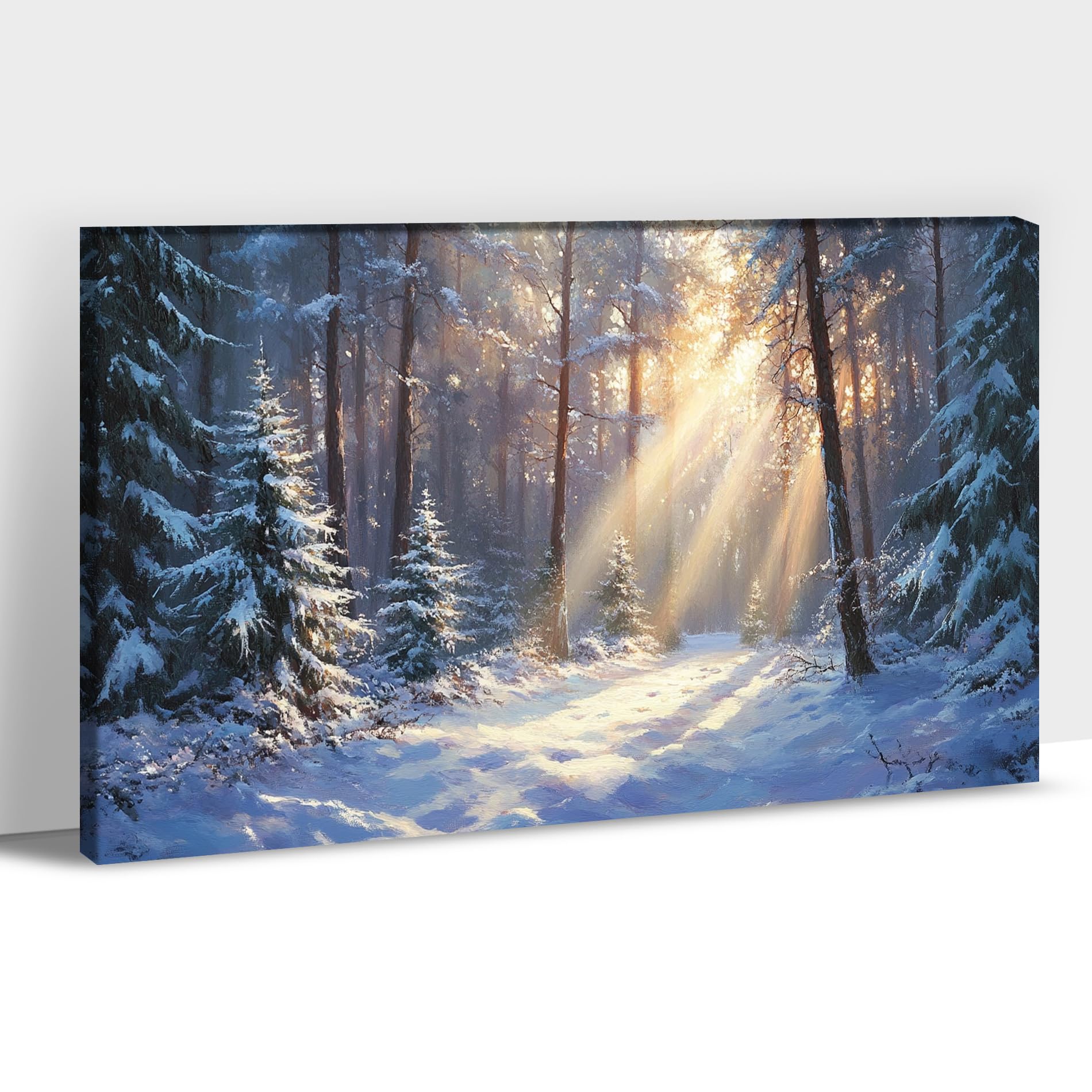 ANRUOXI Winter Landscape Canvas Wall Art for Living Room Bathroom, Vintage Nature Art Canvas Prints, Snowy Tree Mountain Pictures Wall Decor, Winter Scene Wrapped Framed Painting Prints 12x18 Inch