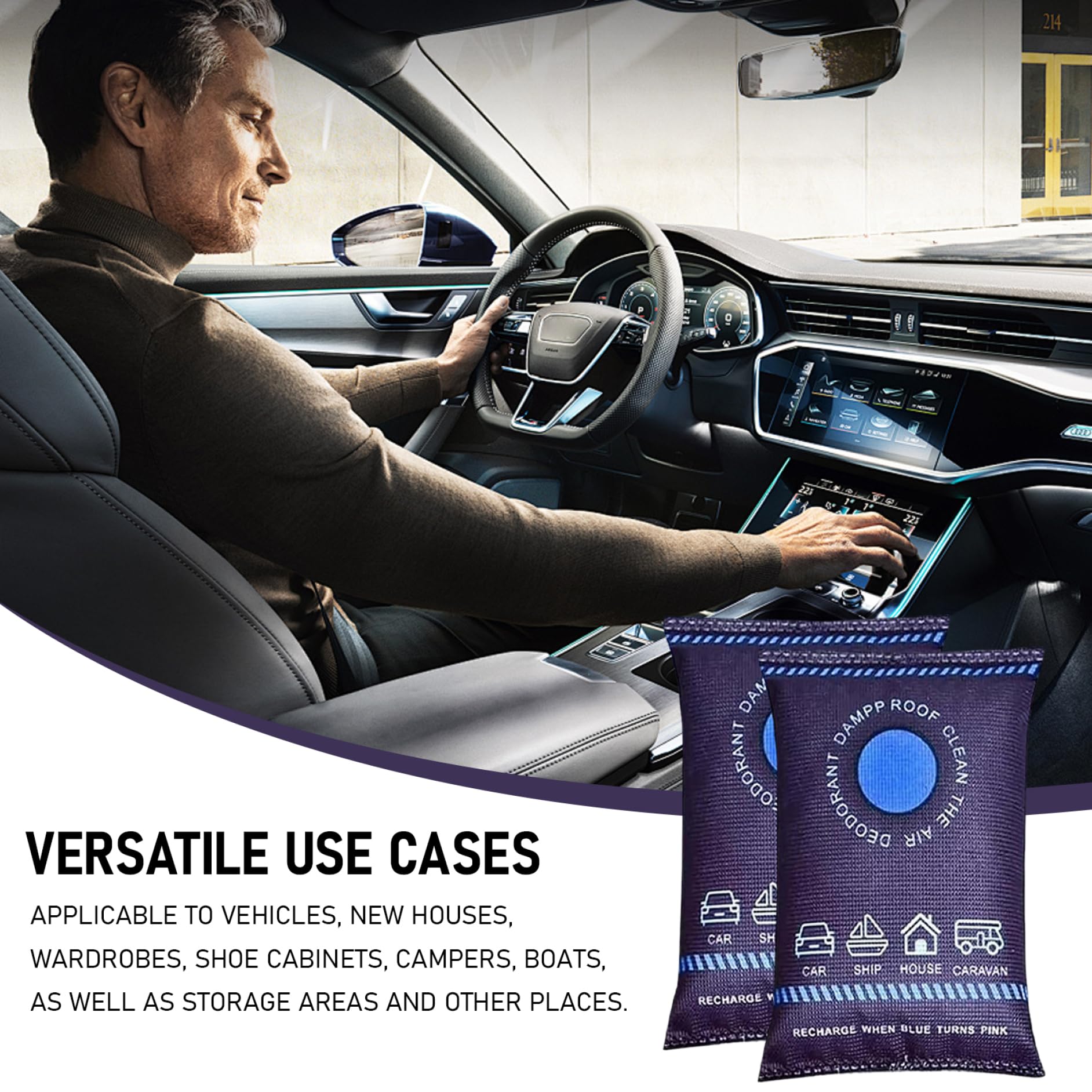 Jorzer 6er-Pack Luftentfeuchterbeutel, 200 g, wiederverwendbarer Feuchtigkeitsabsorber, tragbarer Antibeschlag-Auto-Luftentfeuchter für Fahrzeuge, neues Zuhause, Kleiderschrank, Schrank
