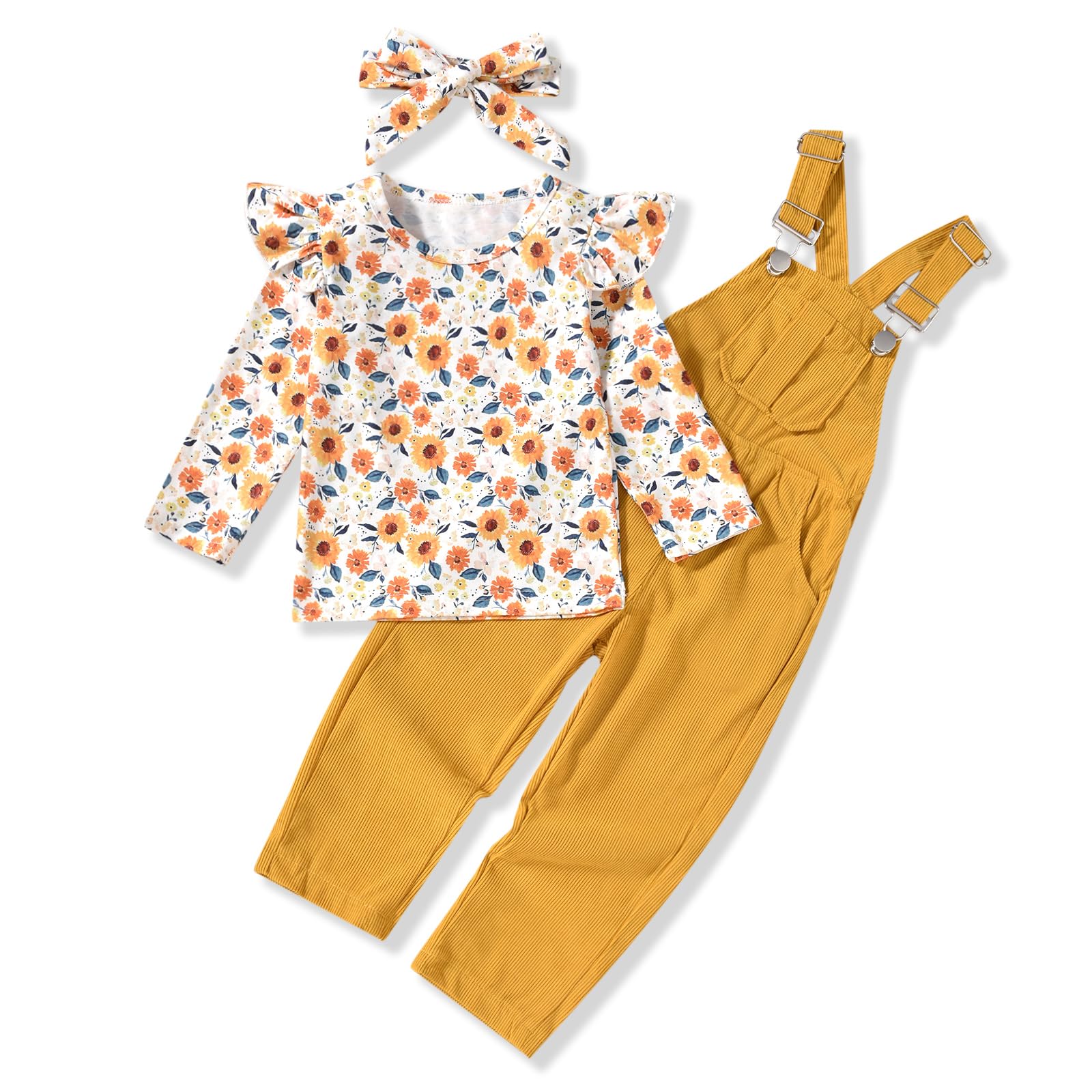 HINTINA 2PCS Baby Girls Clothes Toddler Jumpsuit Rompers Adjustable Ripped Jeans Overalls Set with Long Sleeve Stripe T-Shirt