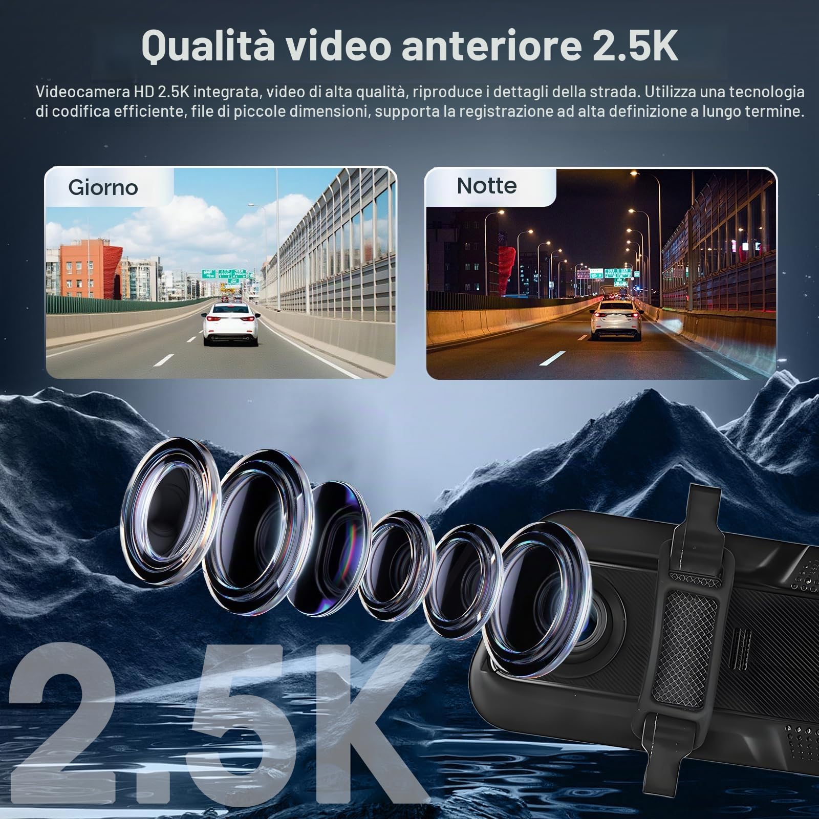 Videocamera 9.66" Specchietto Con Apple Carplay Wireless, Android Auto Con Telecamera Retromarcia HD, IPS Touchscreen Doppio 1080P Videocamera Specchietto Auto, 2 Schermi Divisibili, Bluetooth