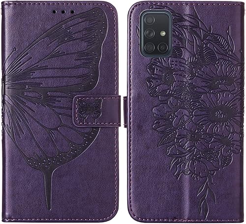 Miniatura 7 de Funda A51 para Samsung A51, función atril, correa de muñeca, ranuras para tarjetero, diseño floral de mariposa en relieve, funda protectora de piel