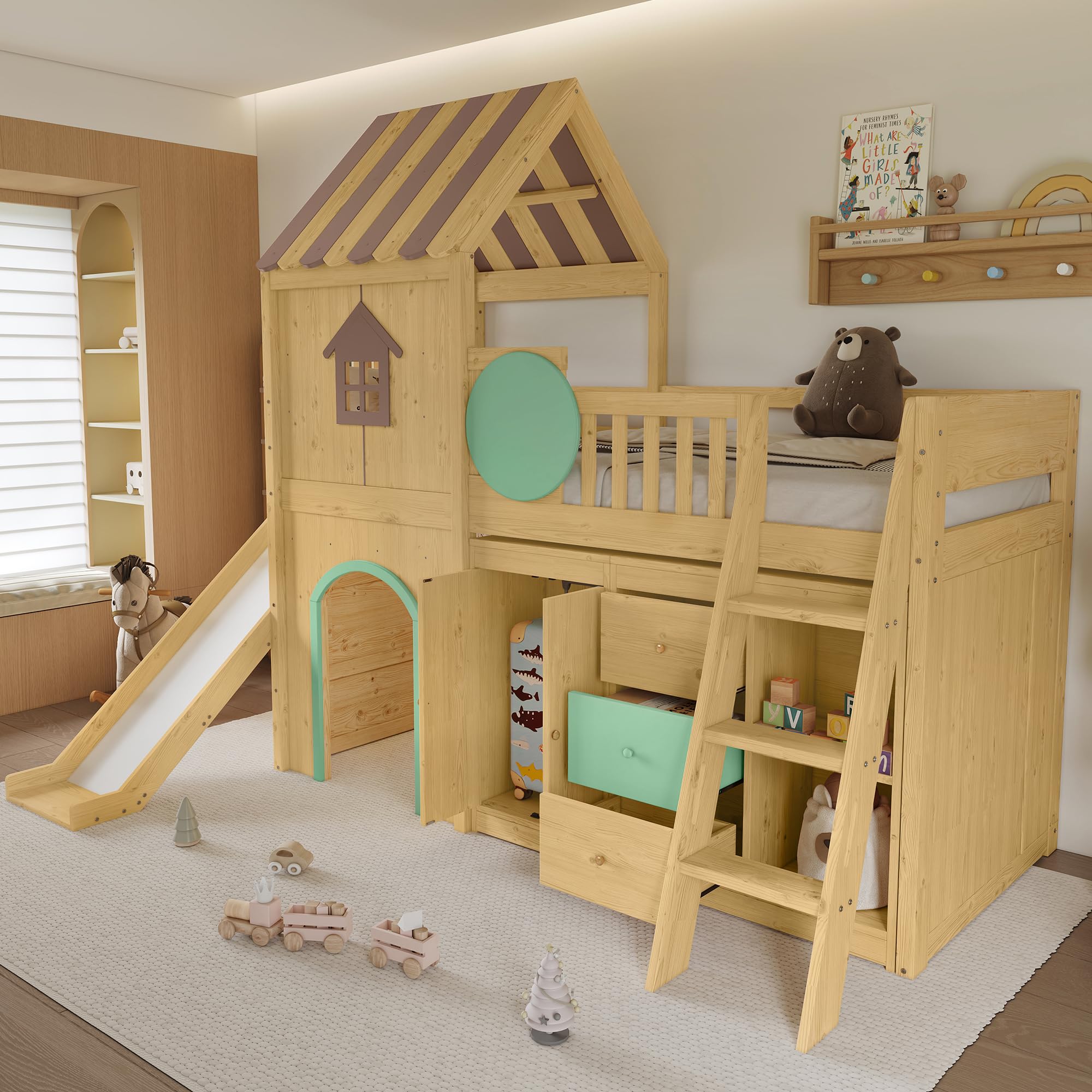 Su & Chan Legence Hochbett 90x200 cm mit Rutsche für Kinder, Hausbett mit dreistufiger Treppe, Kleiderschrank und Schubladen, aus Kiefernholz, in Grün und Naturholz