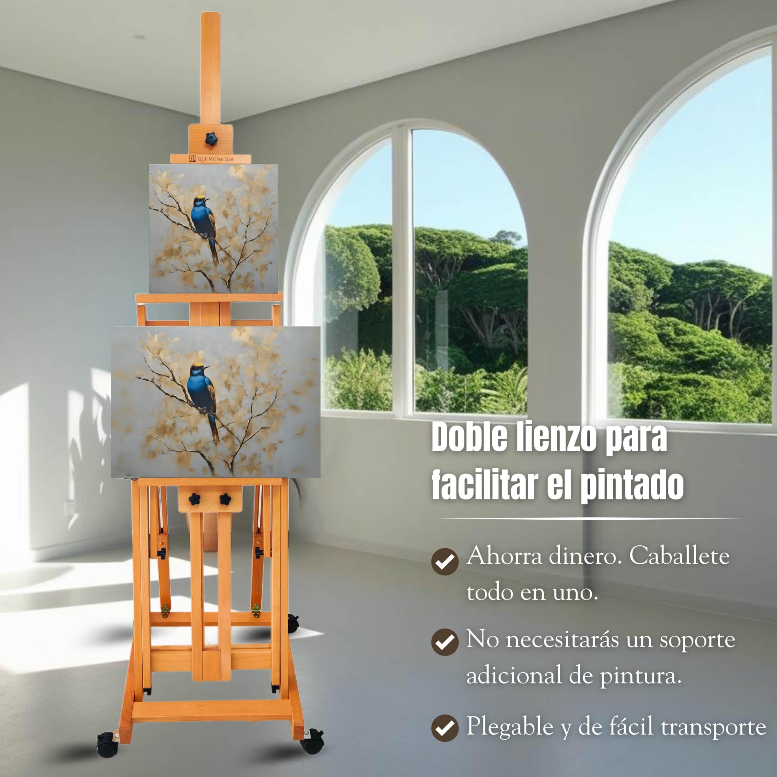 Caballete plegable profesional RENOIR, Altura Ajustable para lienzos grandes, Soporta 2 canvas a la vez, Caballete de Madera de Haya para Pintar, Atril grande pintura Fácil de Montar