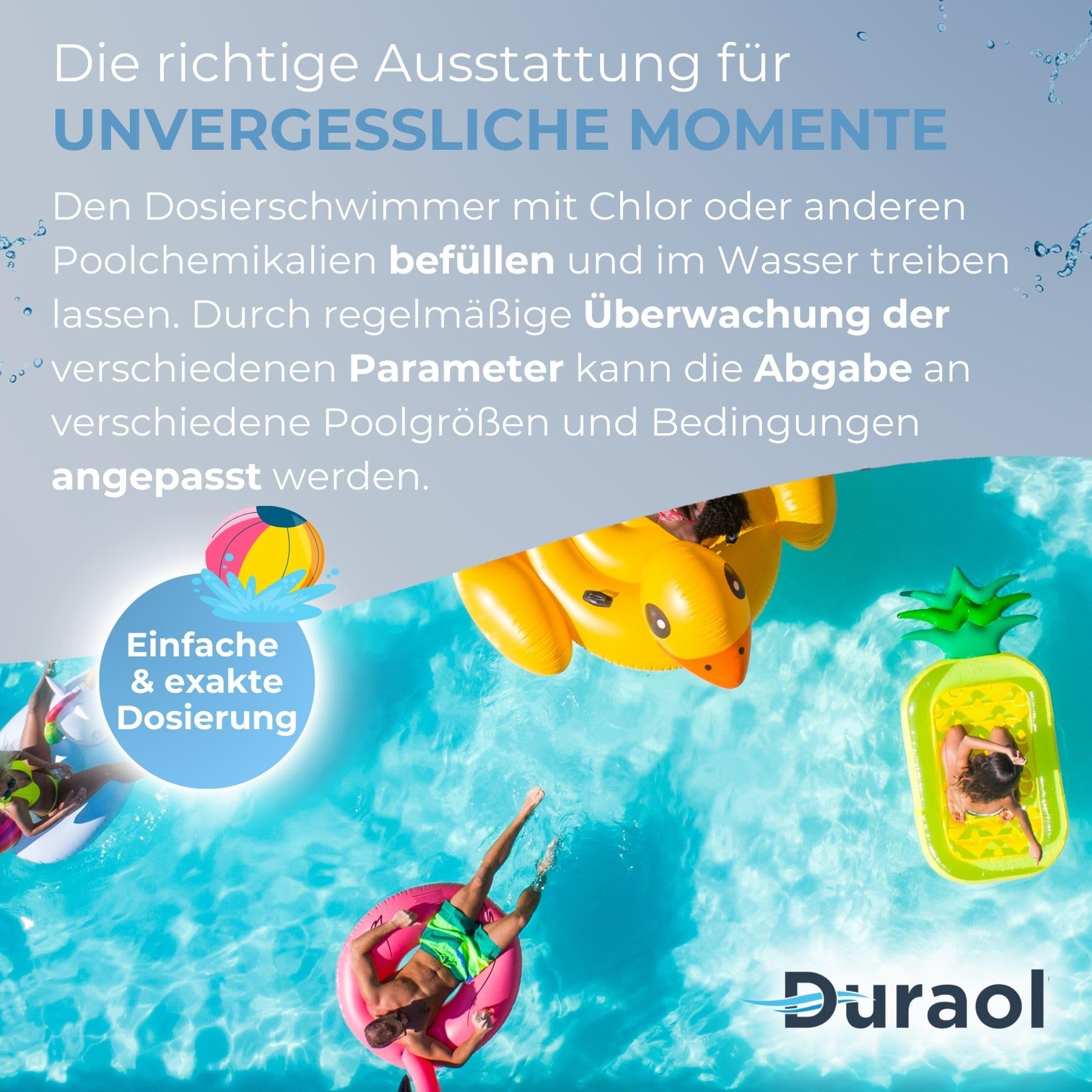 Duraol Pool Dosierschwimmer mit Thermometer I Einstellbarer Dosierer zur Chlorzugabe für Pools I Pool Dosieranlage ideal für 20g bis 300g Tabs I Chlor Schwimmer mit verstellbaren Dosierschlitzen