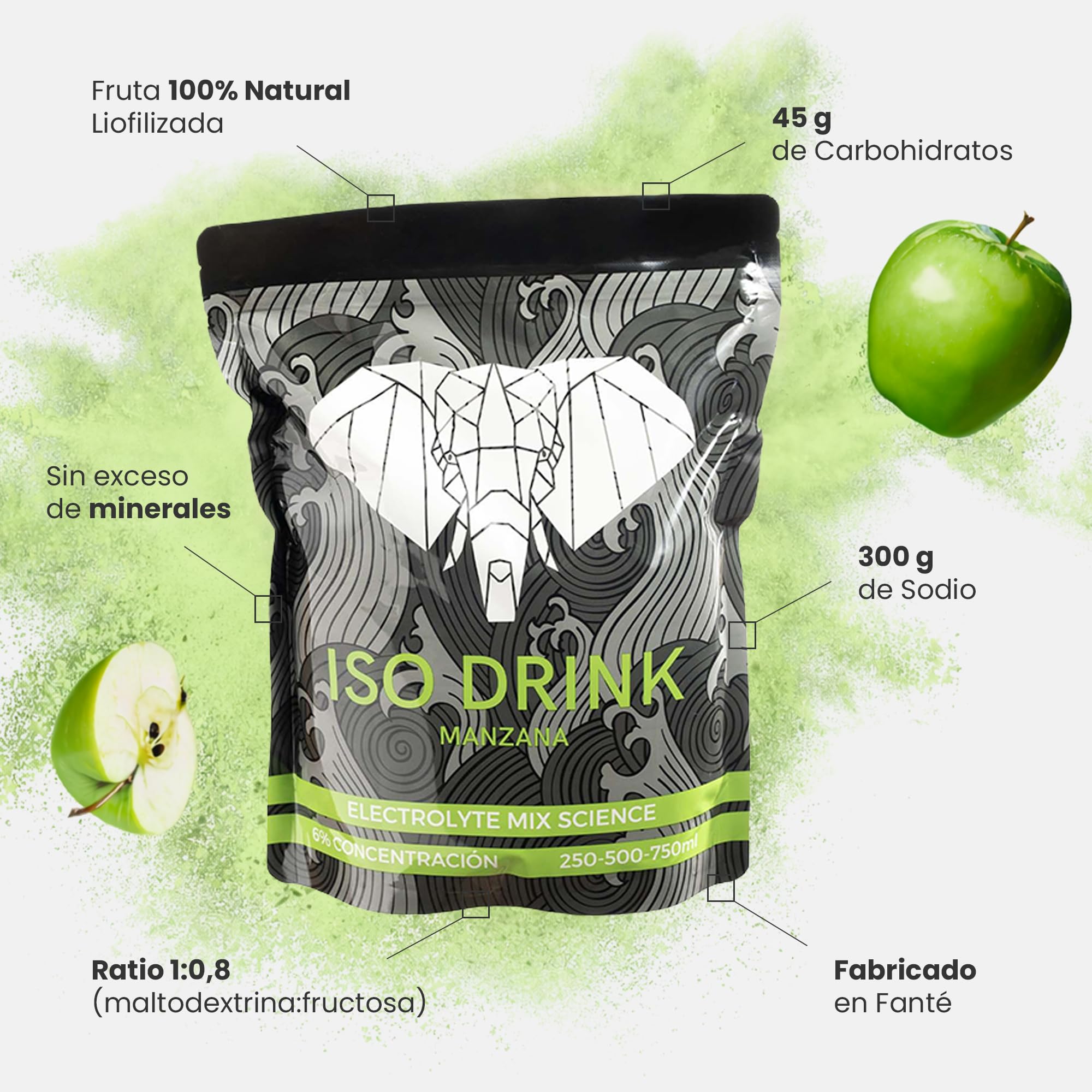 FANTÉ Iso Drink Manzana Verde | Bebida Isotónica en Polvo con 45 g de Carbohidratos, 300 mg de Sodio y Ratio 1:0,8 para Running, Ciclismo y Resistencia (Saco 500 g)