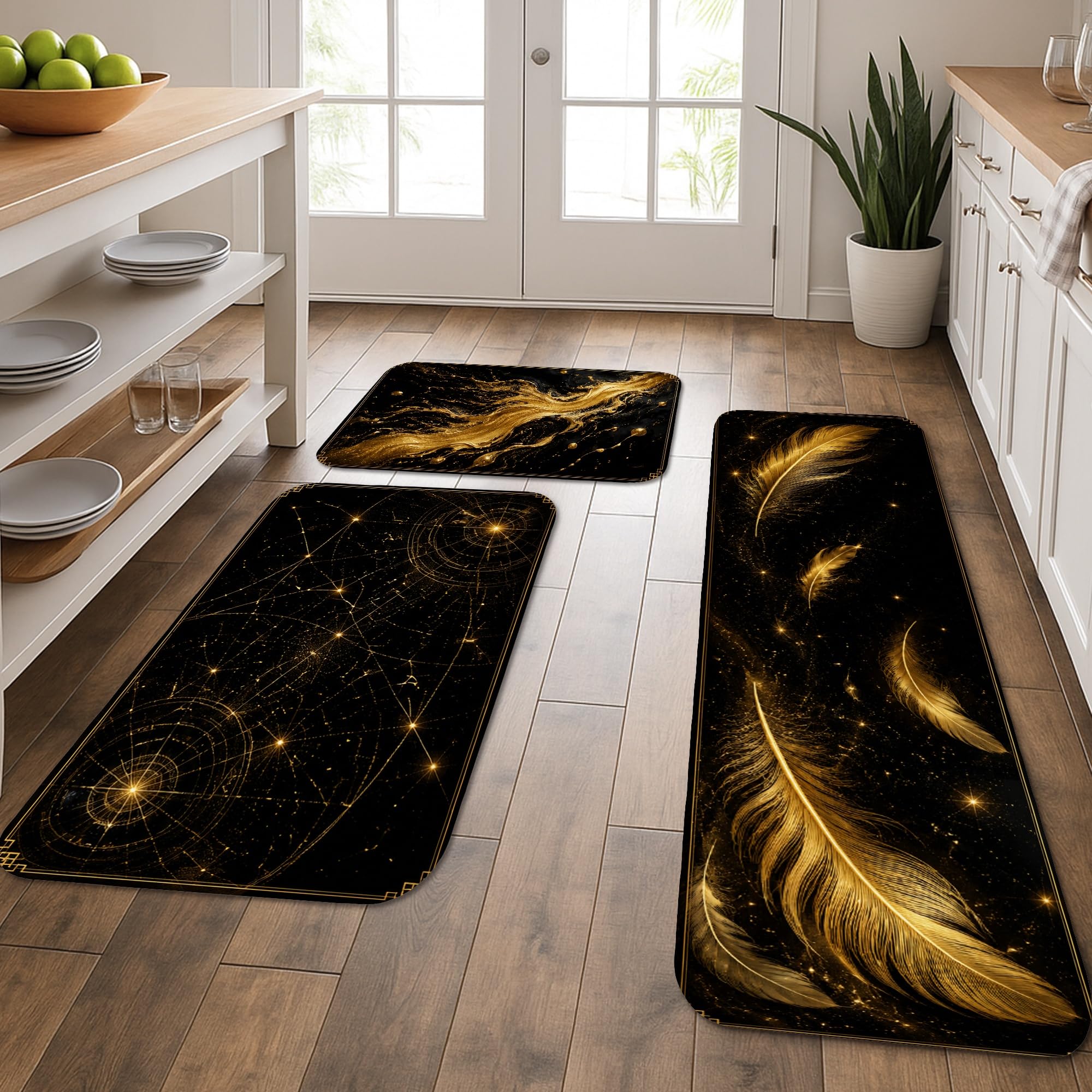 Tapis de cuisine lot de 3 confortables lavables à motif plumes et étoiles