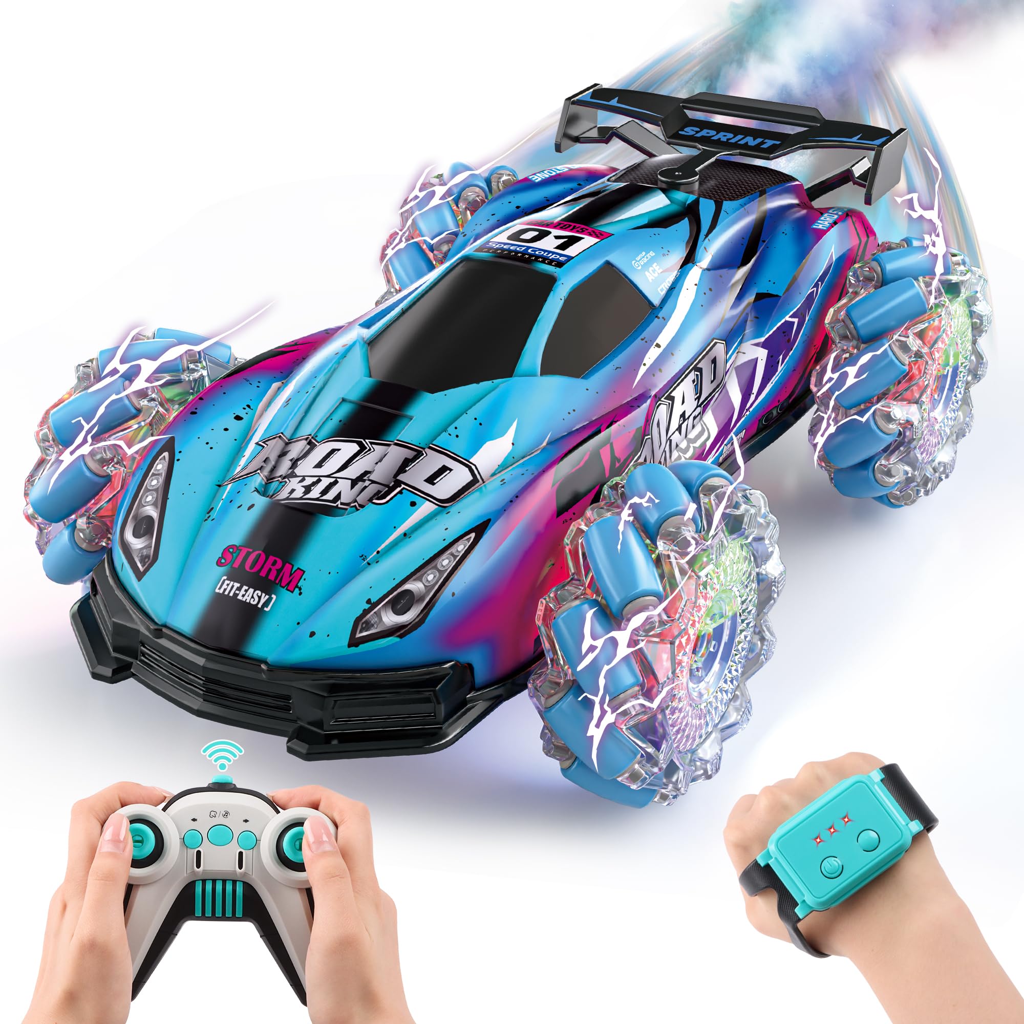 RC Stunt Car Toys - Gesture Remote Control Racing Cars Comes with Spray,Lights,360° Rotation for Kids,Vehicle Birthday Gifts for Boys and Girls Aged 6 7 8 9