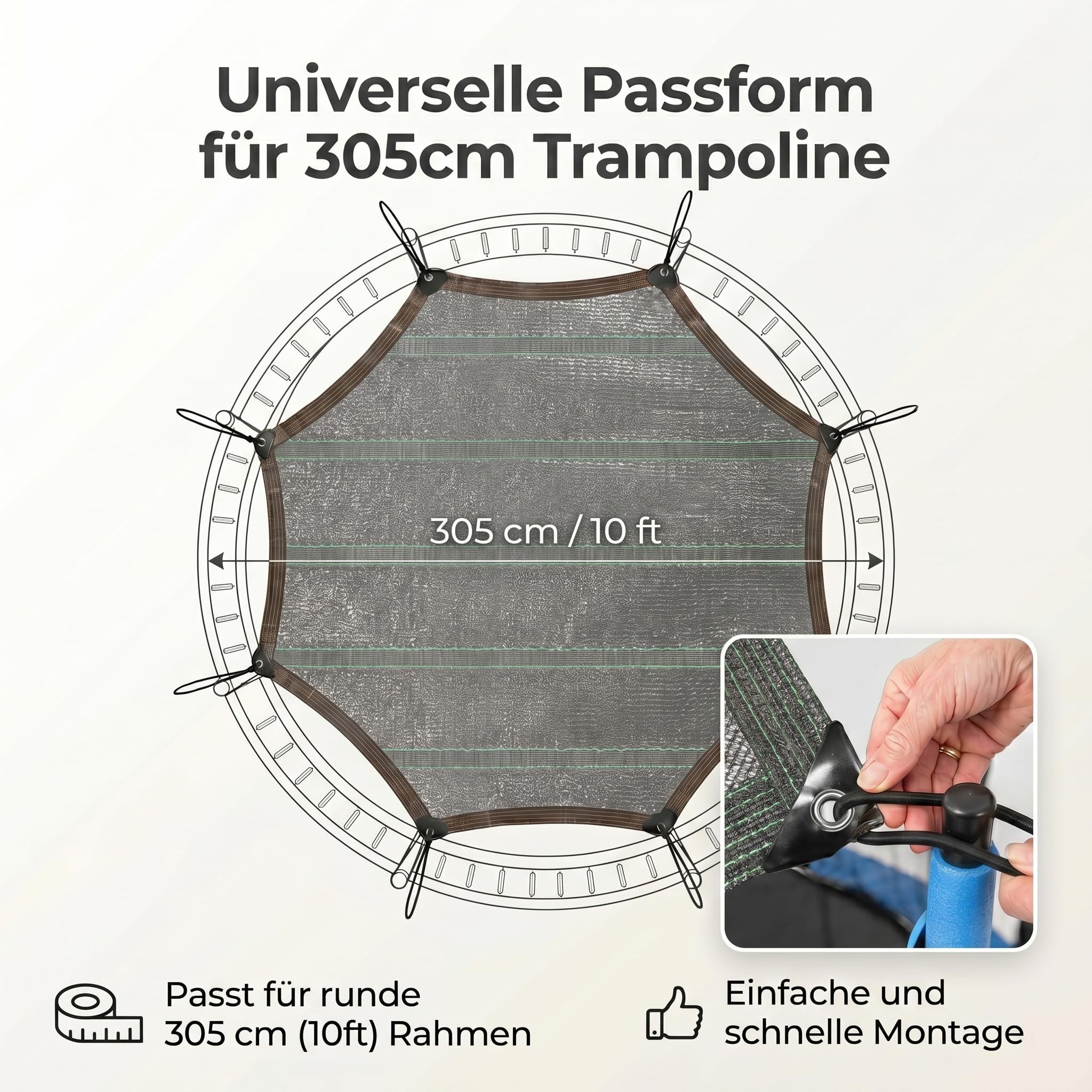 Trampolin Sonnenschutz 305 cm (10ft) für 8 Stangen | UV-Schutz, Atmungsaktives Sonnensegel, Verstärkte Gurtbänder, Anti-Durchhang Dach, Wasserdurchlässig