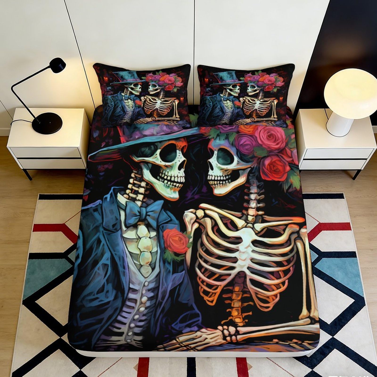 3D Printed Skeleton Couple Fitted Sheet Microfiber Soft Breathable Romantic Skull Bed Cover for Bedroom Dormitory Guest Room Protection Decoration 160x200x25cm
