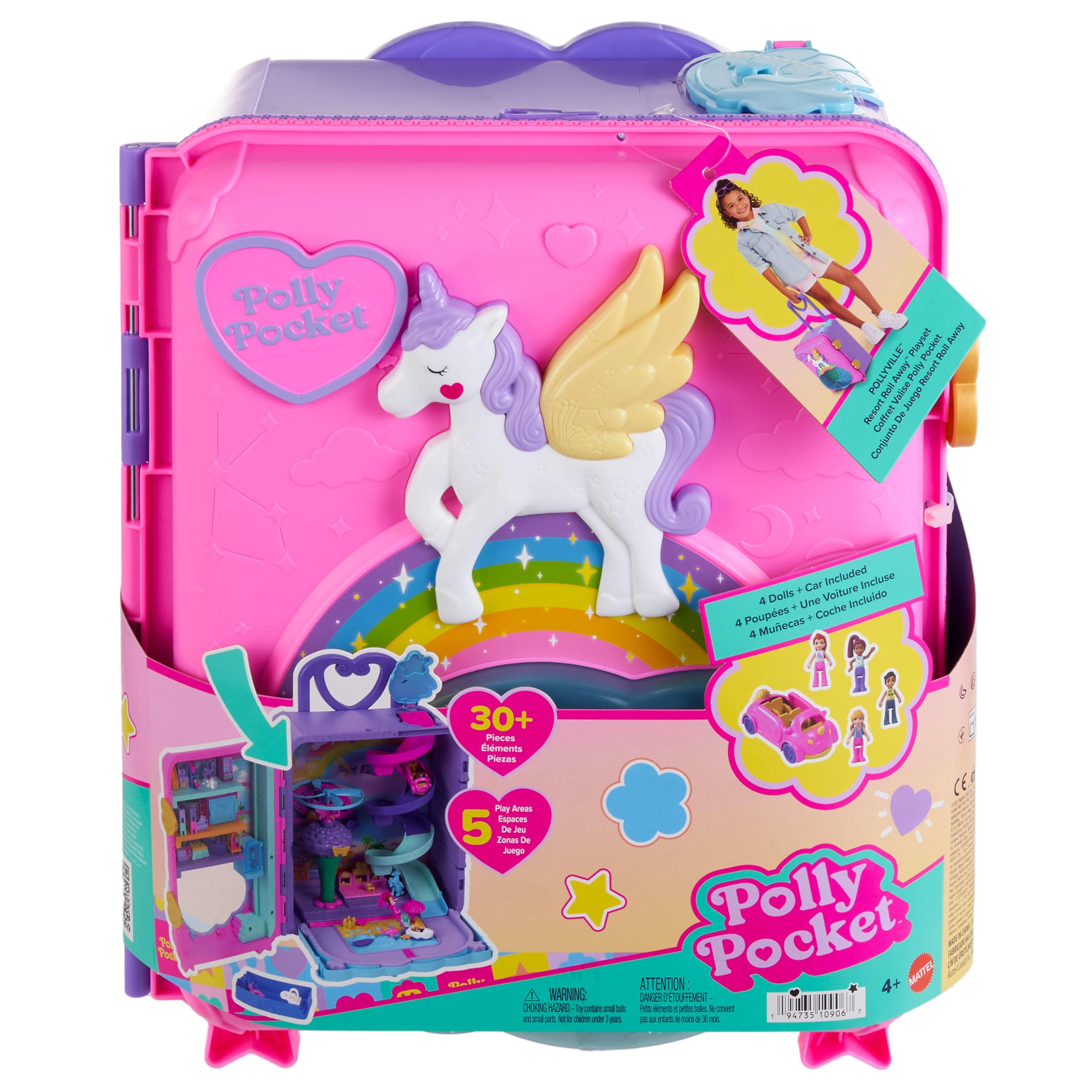 Polly Pocket Pollyville Urlaub im Rollkoffer 4 Puppen 1 Fahrzeug 25+ Zubehörteile Strand Hotel mit Helikopter ab 4 Jahren HKV43