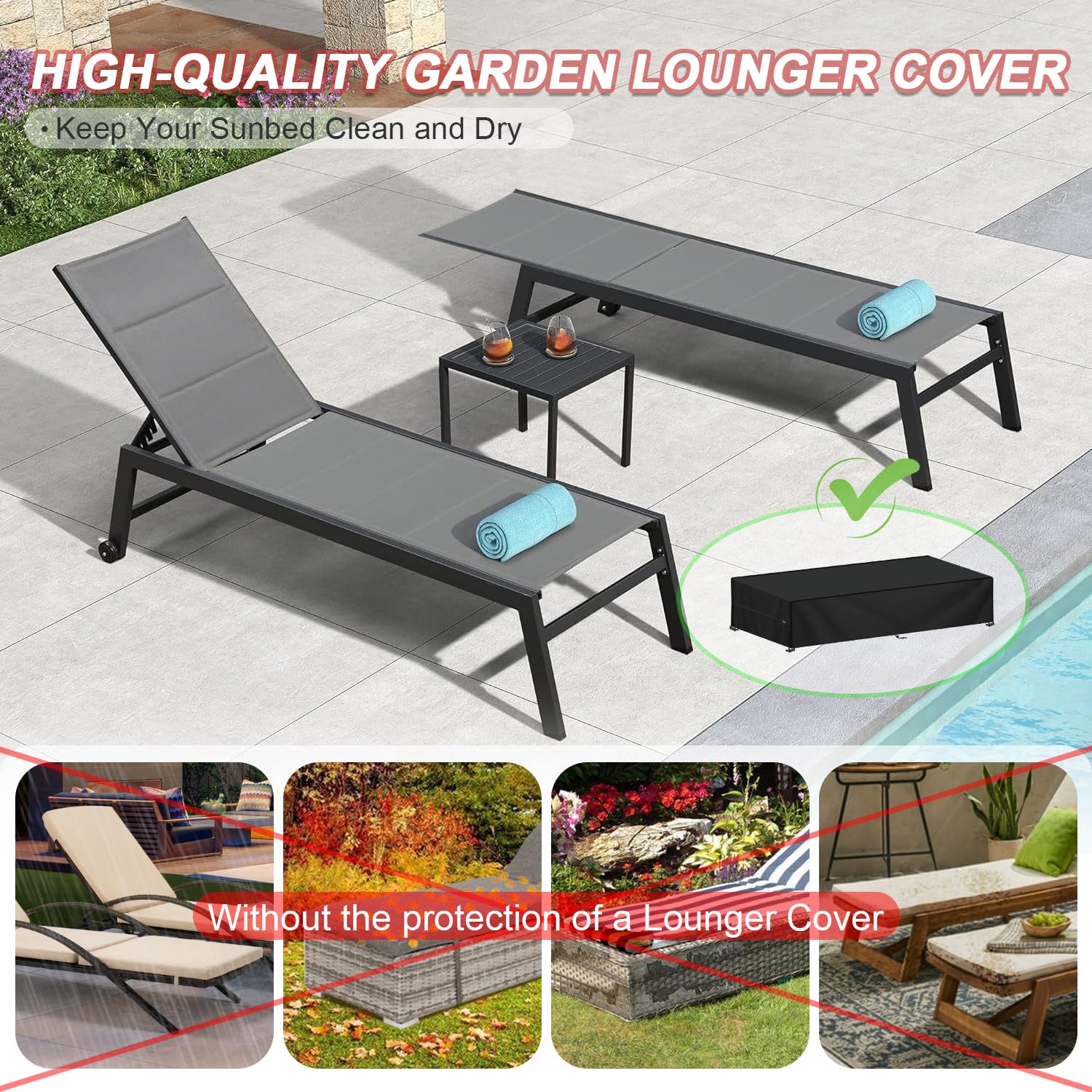 LAMUNI Copertura Sdraio da Esterno Telo Copri Lettino da Giardino, 420D Oxford Coperture per Lettini Prendisole da Giardino, Antivento, Anti-UV Copertura Impermeabile per Sdraio, 218x77x55cm