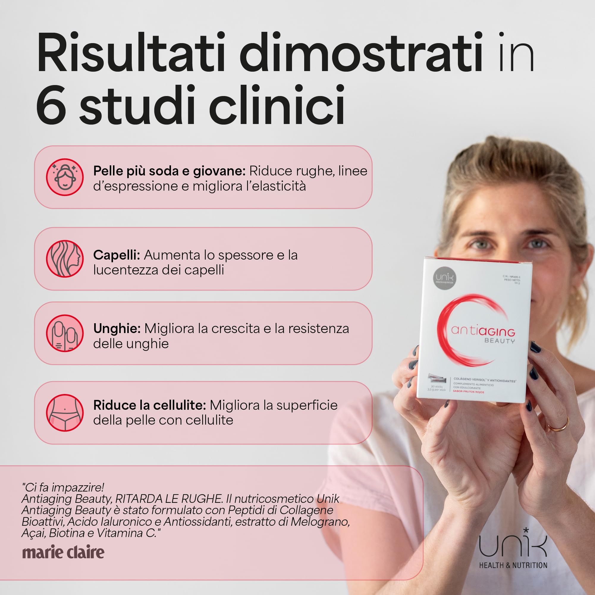 Collagene Verisol Idrolizzato e Acido Ialuronico + Vitamina C + Biotina in Polvere Articulaioni + Pelle Capelli e Unghie per Donna - Peptidi Colageno da Bere Puro - Extra Beauty - 30 Sticks | UNIK