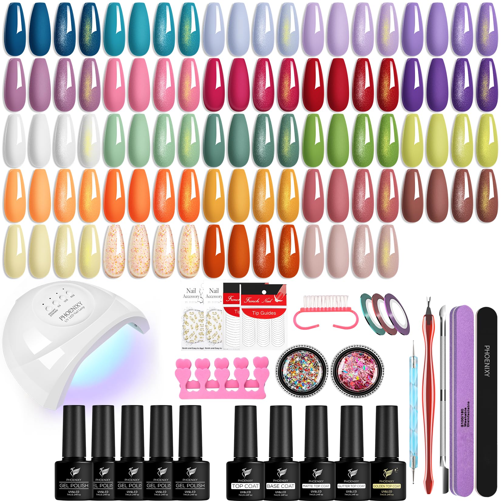 Phoenixy Kit Semipermanente Unghie 29Pcs Completo con Lampada UV LED 48W Top Coat Lucido Opaco Argento Oro