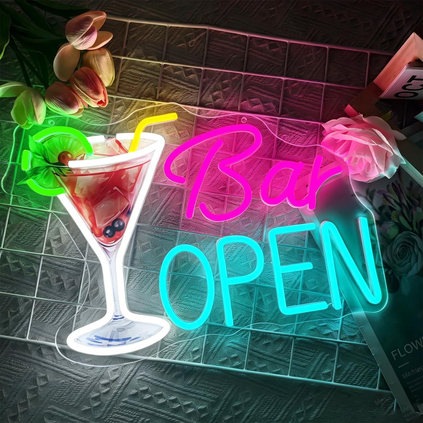 Bar Open Neon Sign Dimmable Cocktails LED Neon Light for Wall Decor