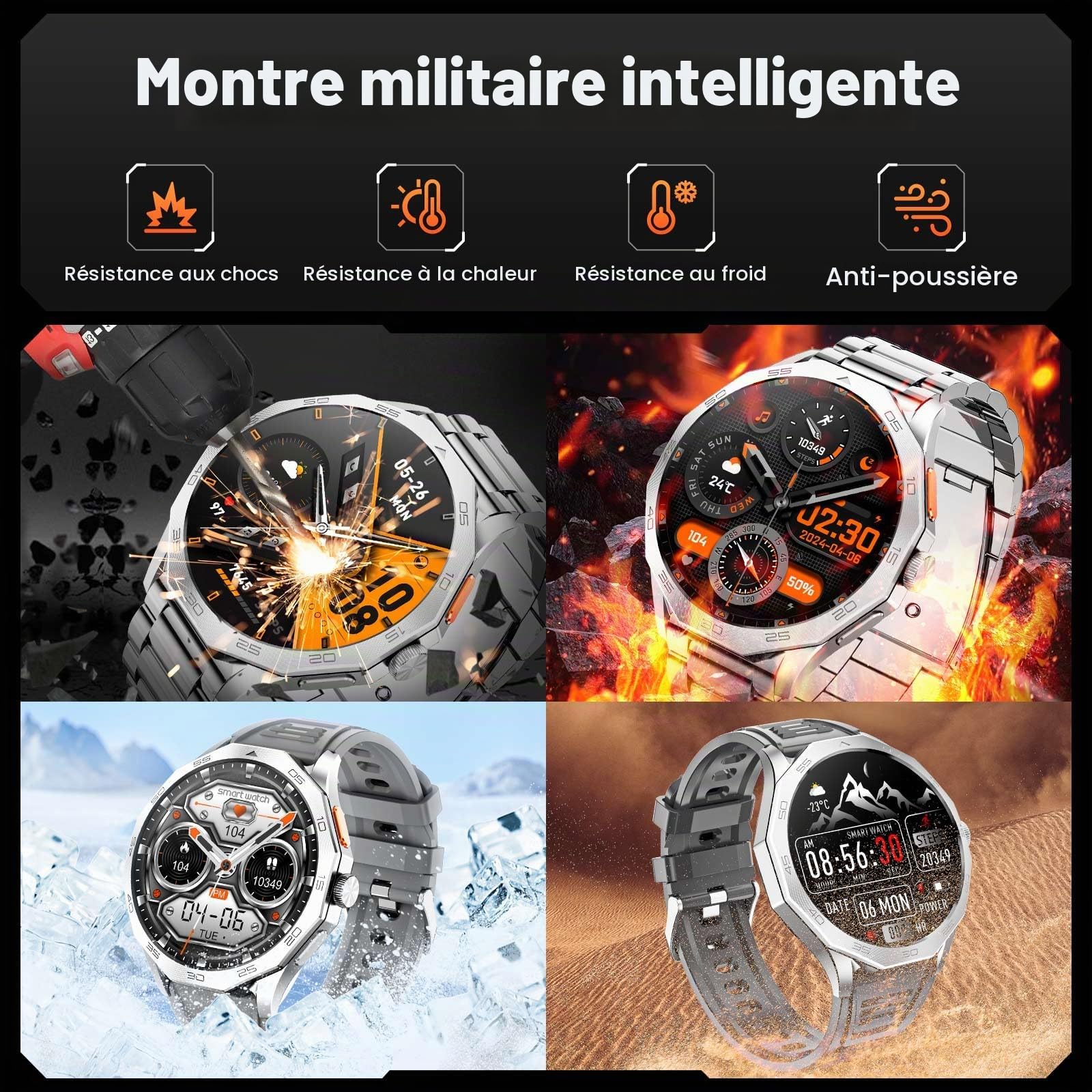 Montre Connectée Homme 1.85"/710mAh/100+ Modes Sportifs, IP68 Étanche Montre Militaire Homme avec Appel Bluetooth, 24H Sommeil/Fréquence Cardiaque/Podomètre Smart Watch pour Android iOS