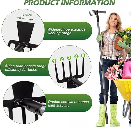 Miniatura 4 de Walensee Herramienta de jardín Hoe, azada de jardín de 63 pulgadas con mango largo ajustable para deshierbe, cultivador de azada de 5 púas 2 en 1,