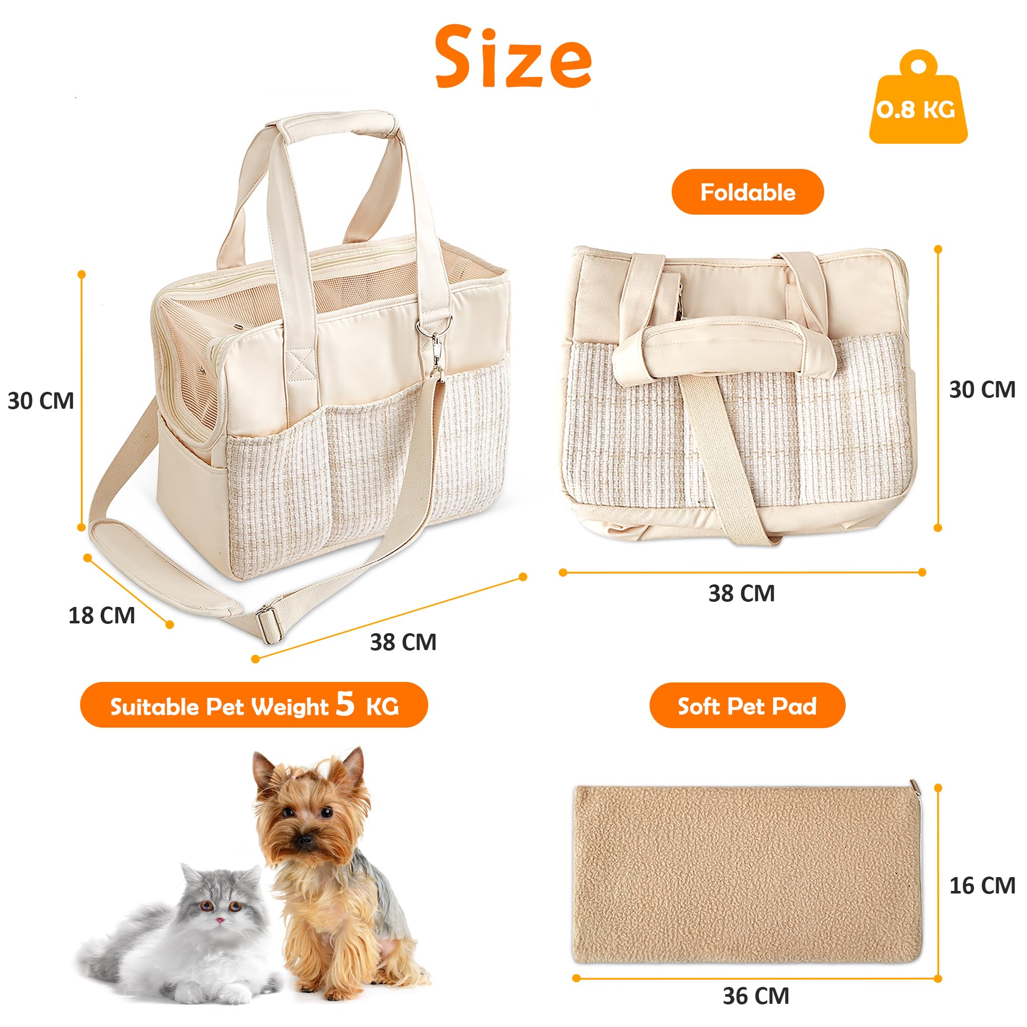 Borsa portatile per cani da viaggio, borsa tote con 2 tasche anteriori, guinzaglio di sicurezza integrato, cuscino rimovibile, ideale per il trasporto di gatti per escursioni e campeggio