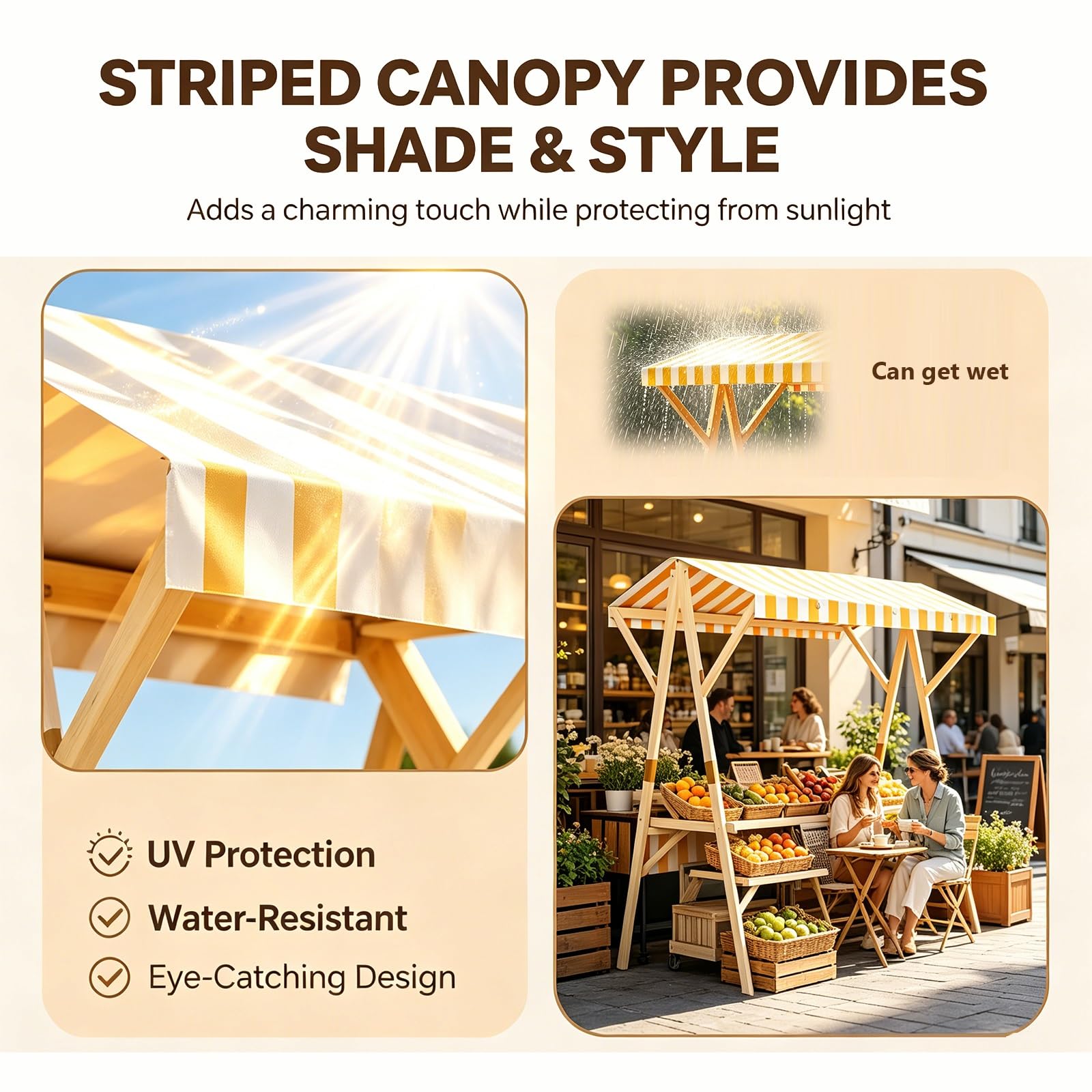 Stand de Mercado Plegable de Madera con Toldo, Carrito de Venta Ambulante para Exteriores, Quiosco de Mercado Portátil y Expositor para Venta Callejera y Eventos(Blue,150cm)