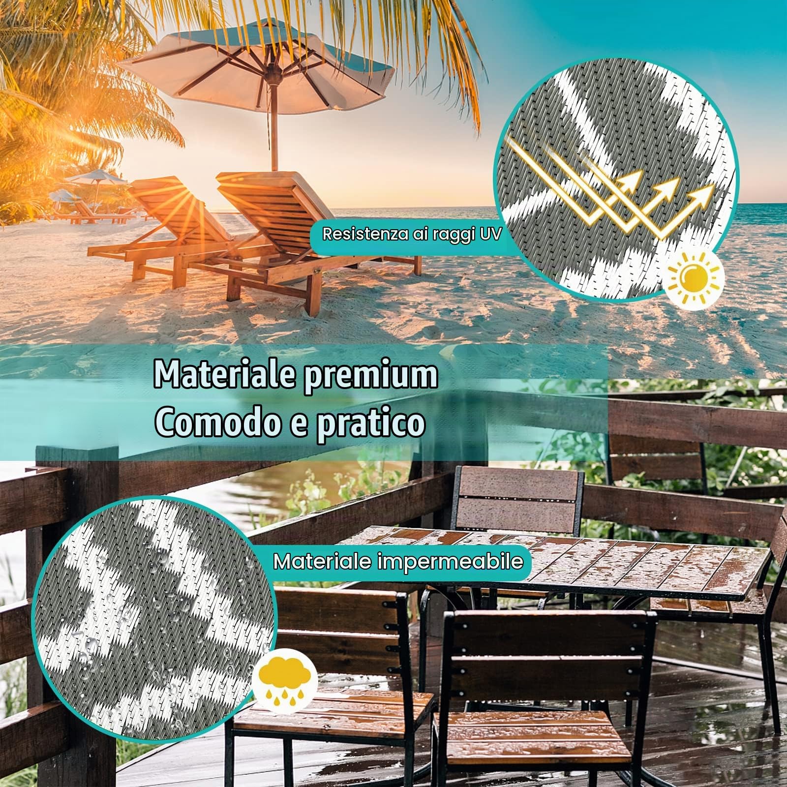 Tappeto per esterni reversibile, in plastica riciclata, in polipropilene ecologico, pieghevole, portatile, impermeabile, per picnic, balcone, terrazza, 180x270 cm, grigio e bianco