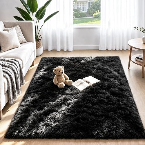 Zomfy Soft Black Fluffy Shag Washable Rug 4x6