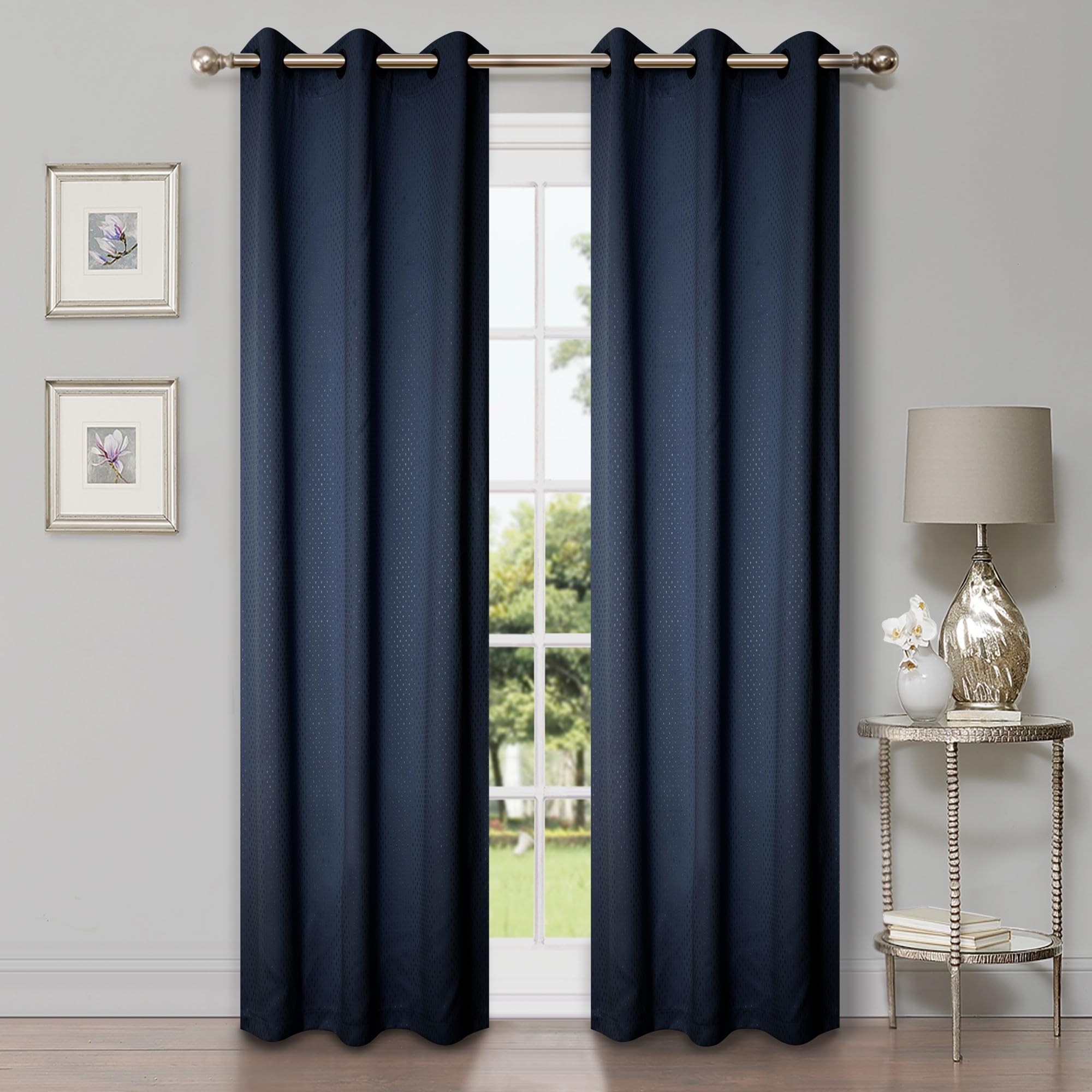 Superior Semi Blackout Curtains - Whimsical Shimmer Design - 42" x 96" - Grommet Header - Sun Blocking & Room Darkening Drapes for Bedroom, Living Room - Set of 2 Panels - Navy Blue