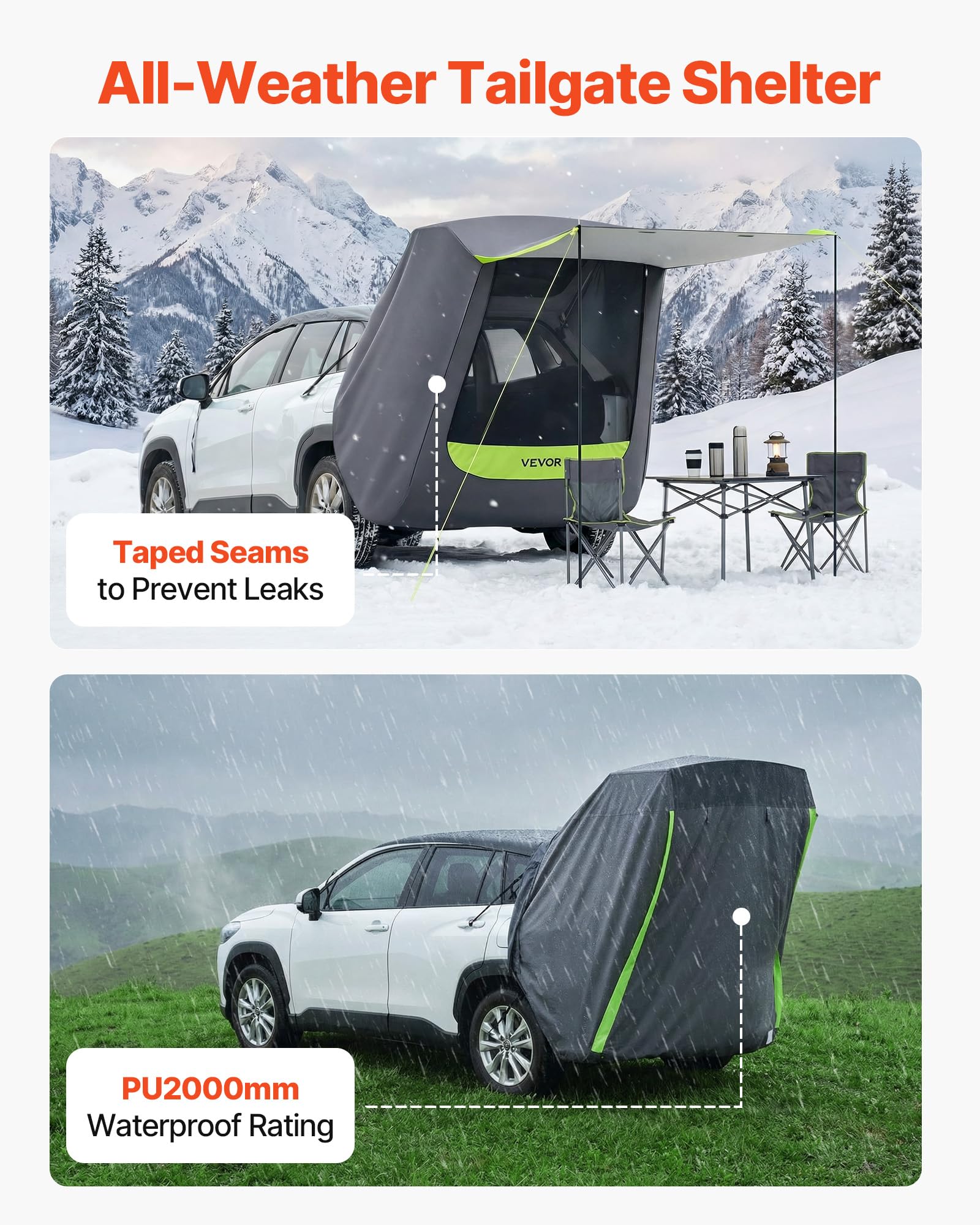 VEVOR Tente de Hayon pour 2 Personnes, Tente Arrière de Voiture SUV Toutes Saisons, pour Camping, Randonnée en Plein Air, Auvent Pare Soleil de Coffre, Imperméable PU2000 mm, avec Sac de Transport