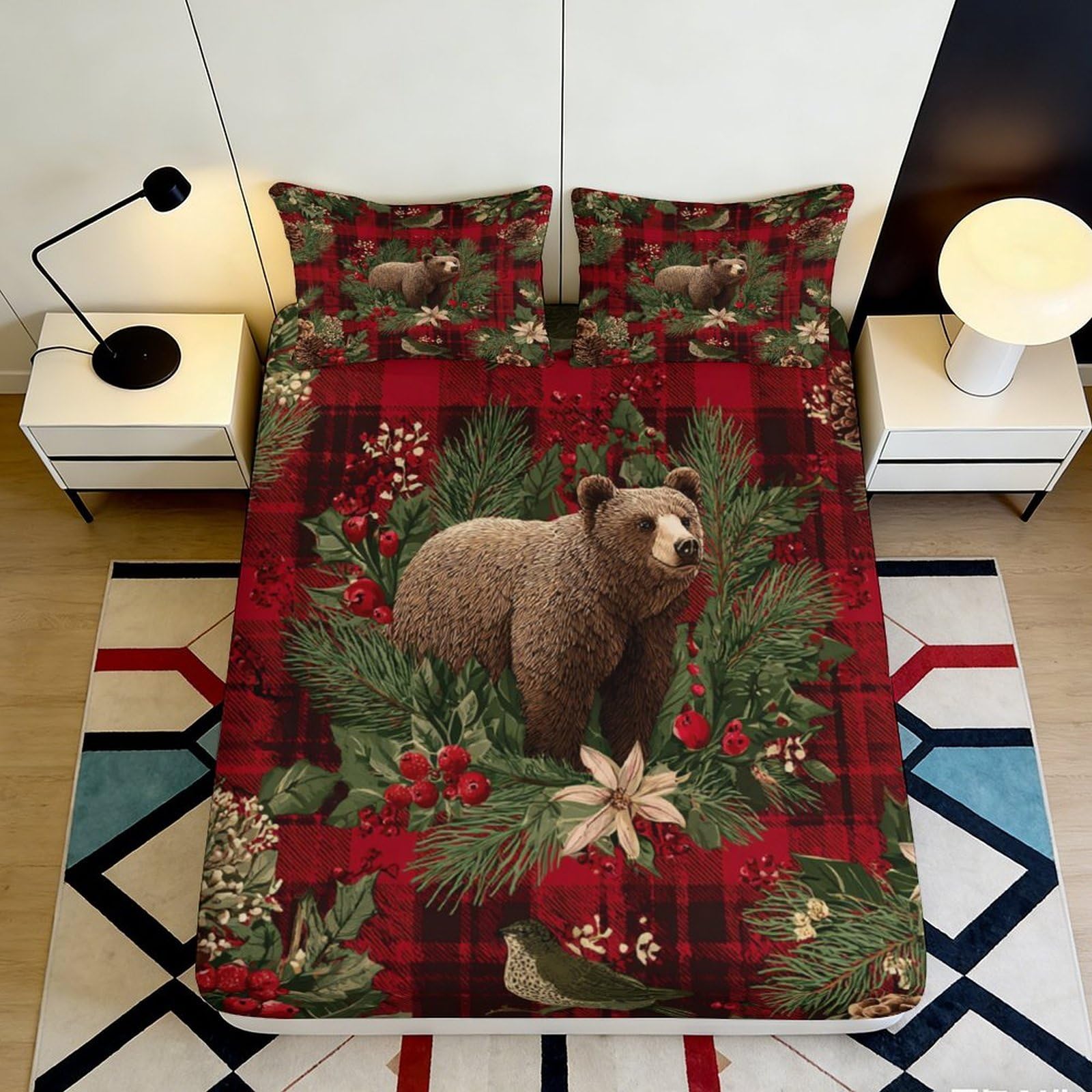 Pnayamiorkfel Style-2 3D Printed Bear Pine Forest Fitted Sheet Microfiber Red Plaid Bed Cover Non-Slip Easy Care For Bedroom Guestroom 90X200x25cm
