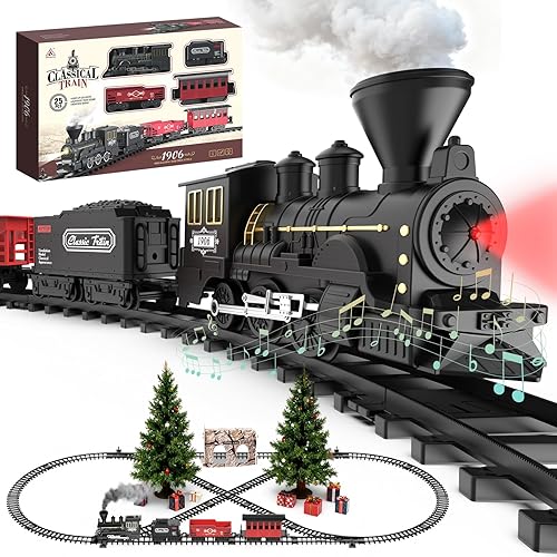 Juego de tren de Navidad de 25 piezas con humo, sonido y luces, pista elegante y vagones de pasajeros vintage para Navidad, juego de tren de vapor