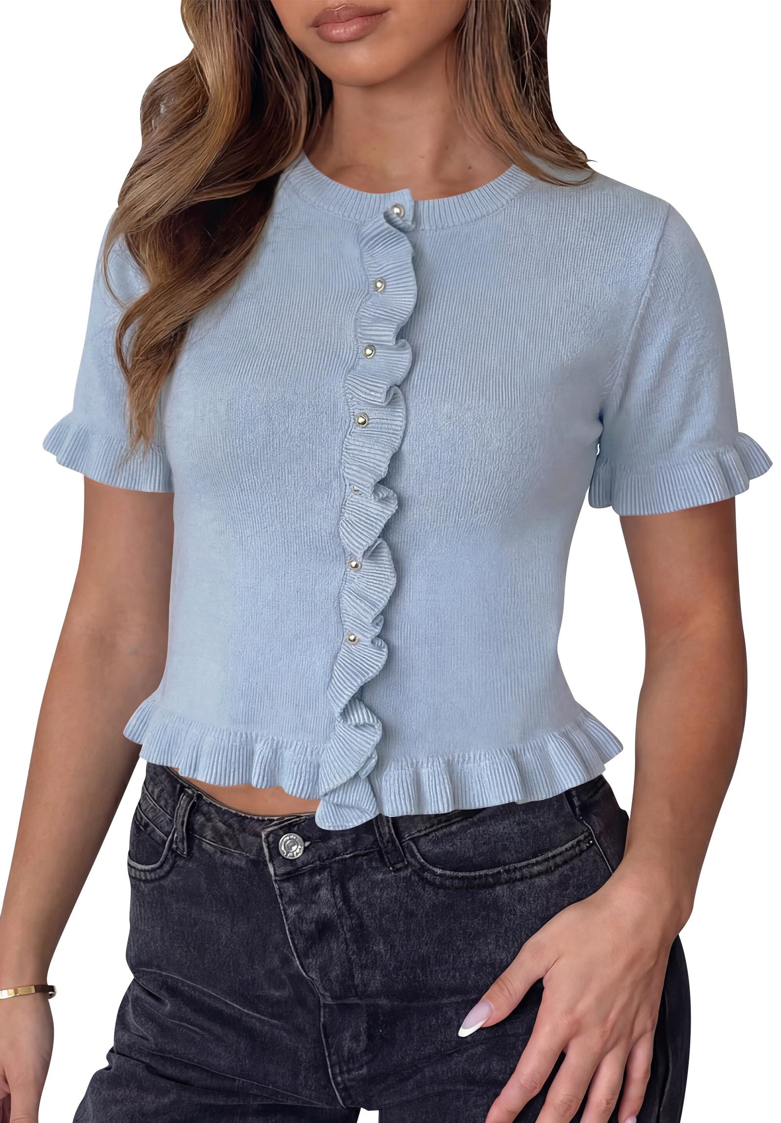 Balimtoy Womens Short Sleeve Sweater Summer Button Down Ruffle Hem Knit Tops Cropped Scalloped Cardigan Shirt