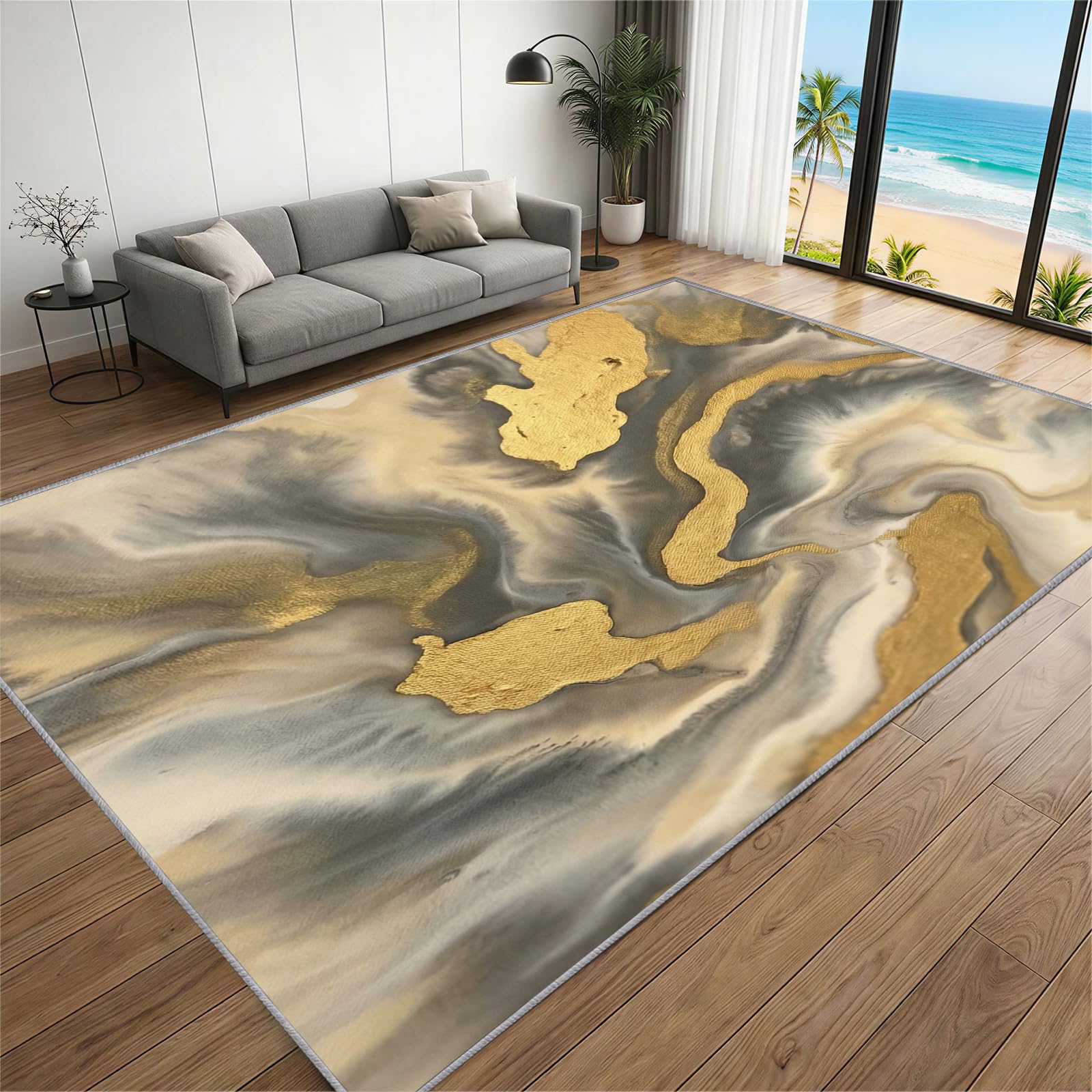 BEQUTIY Grey Gold Marble Area Rugs, Abstract Liquid Line Rug 180 x 240 cm, Home Decor Rugs Low-Pile Soft for Machine Washable Non Slip Carpet, for Dining Room, Bedroom Fireplaces