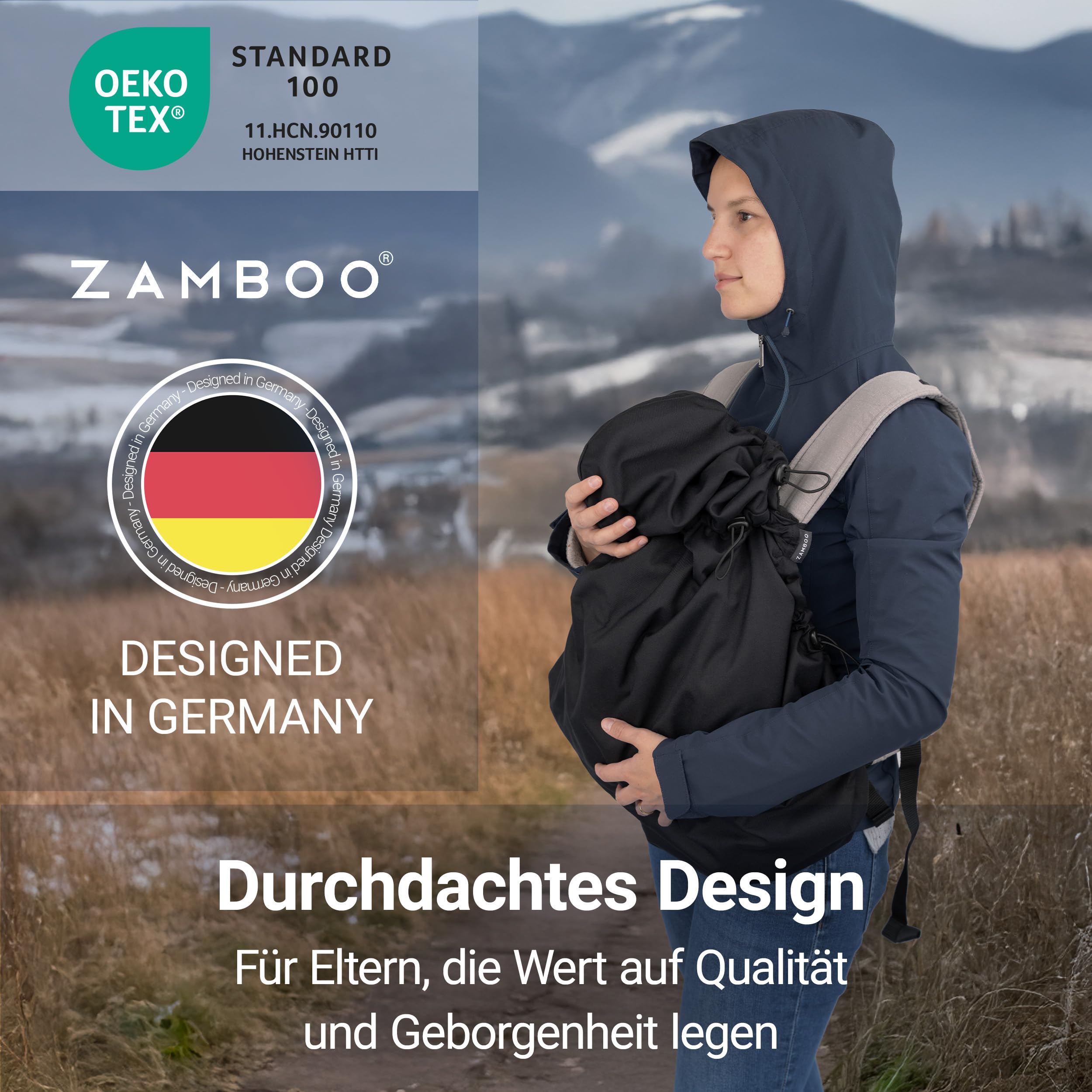 Zamboo Universal Babytrage Cover | Warmer Fleece Wetterschutz für viele Bauchtragen, kompatibel mit Ergobaby, Manduca, Ruckeli uvm. | OEKO-TEX Standard 100 zertifiziert - Schwarz