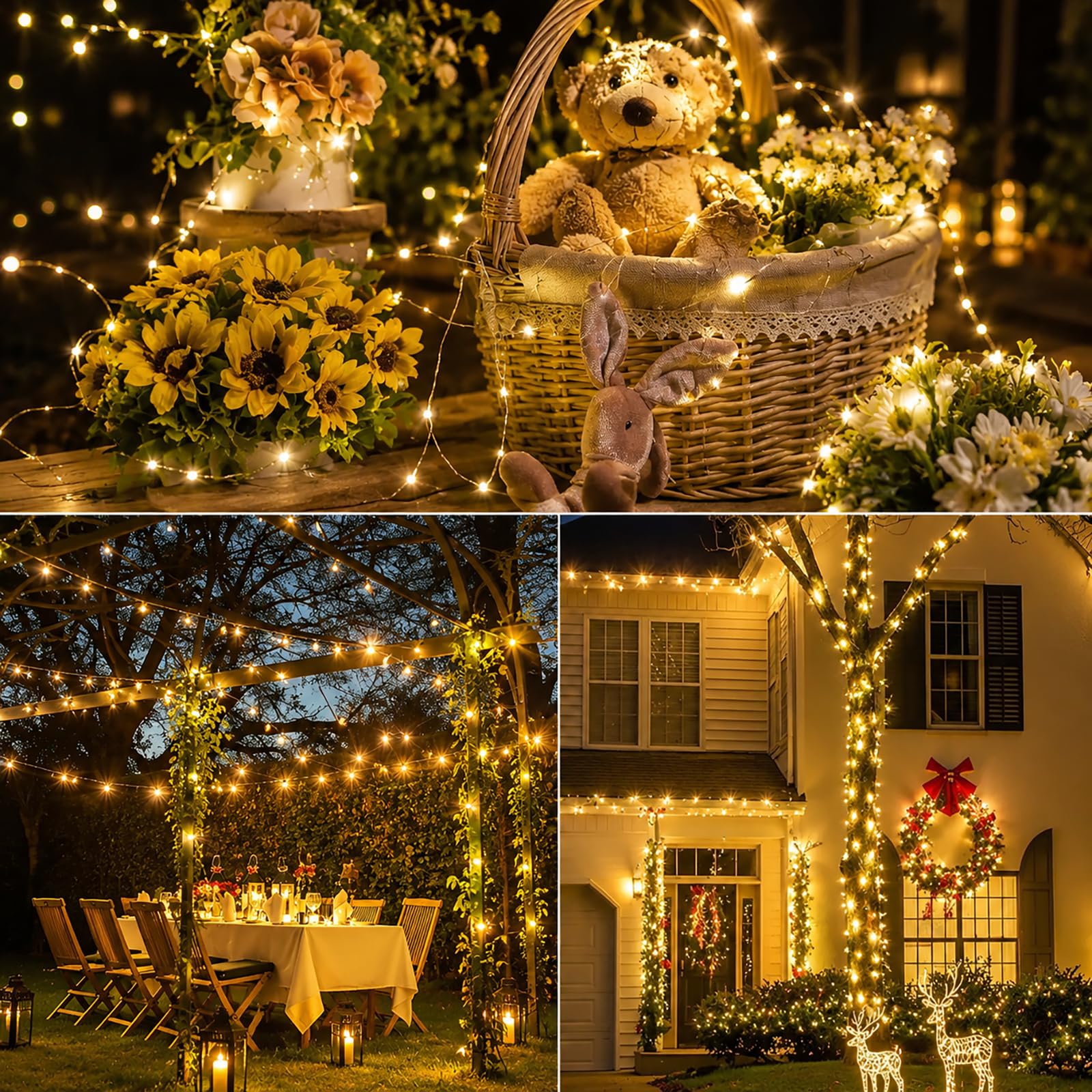 SyouHome Confezione da 4 luci solari per esterni, 800 LED extra lunghe 60 m, 8 modalità e impermeabili IP65, luci scintillanti per giardino, Natale, balcone, albero, festa di nozze (calda)